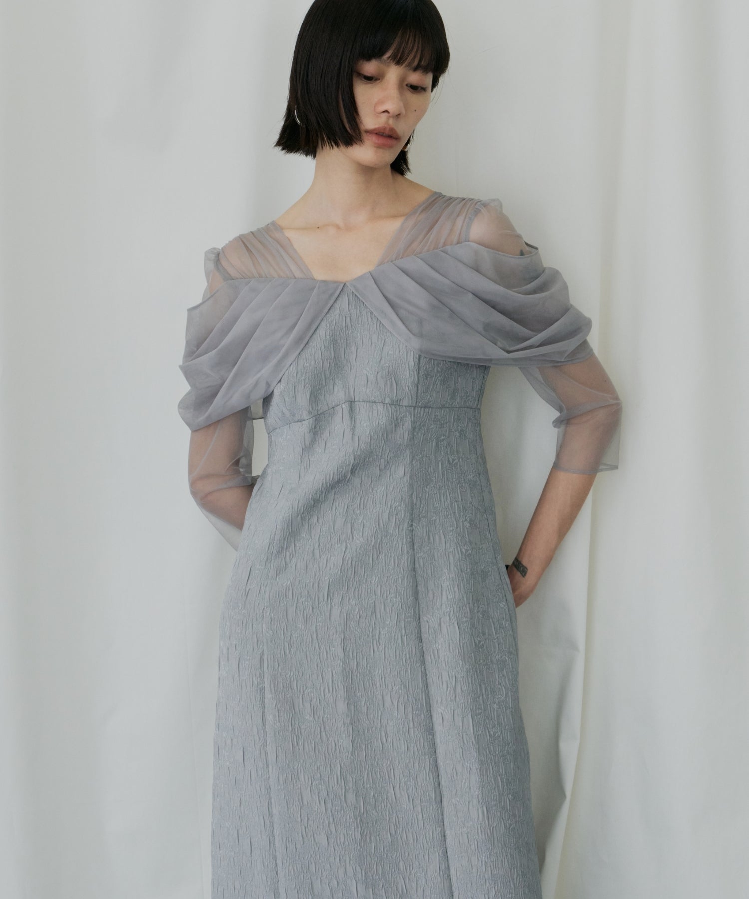 TULLE DRAPE JACQUARD DRESS