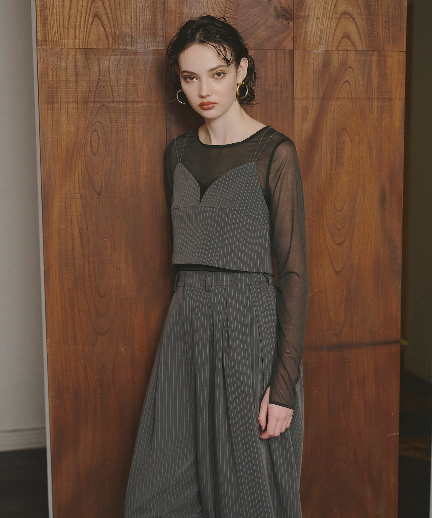 PINSTRIPE BUSTIER WIDE PANTS DRESS
