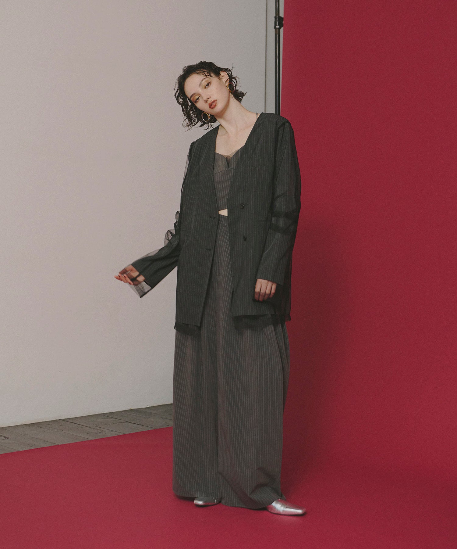 PINSTRIPE BUSTIER WIDE PANTS DRESS