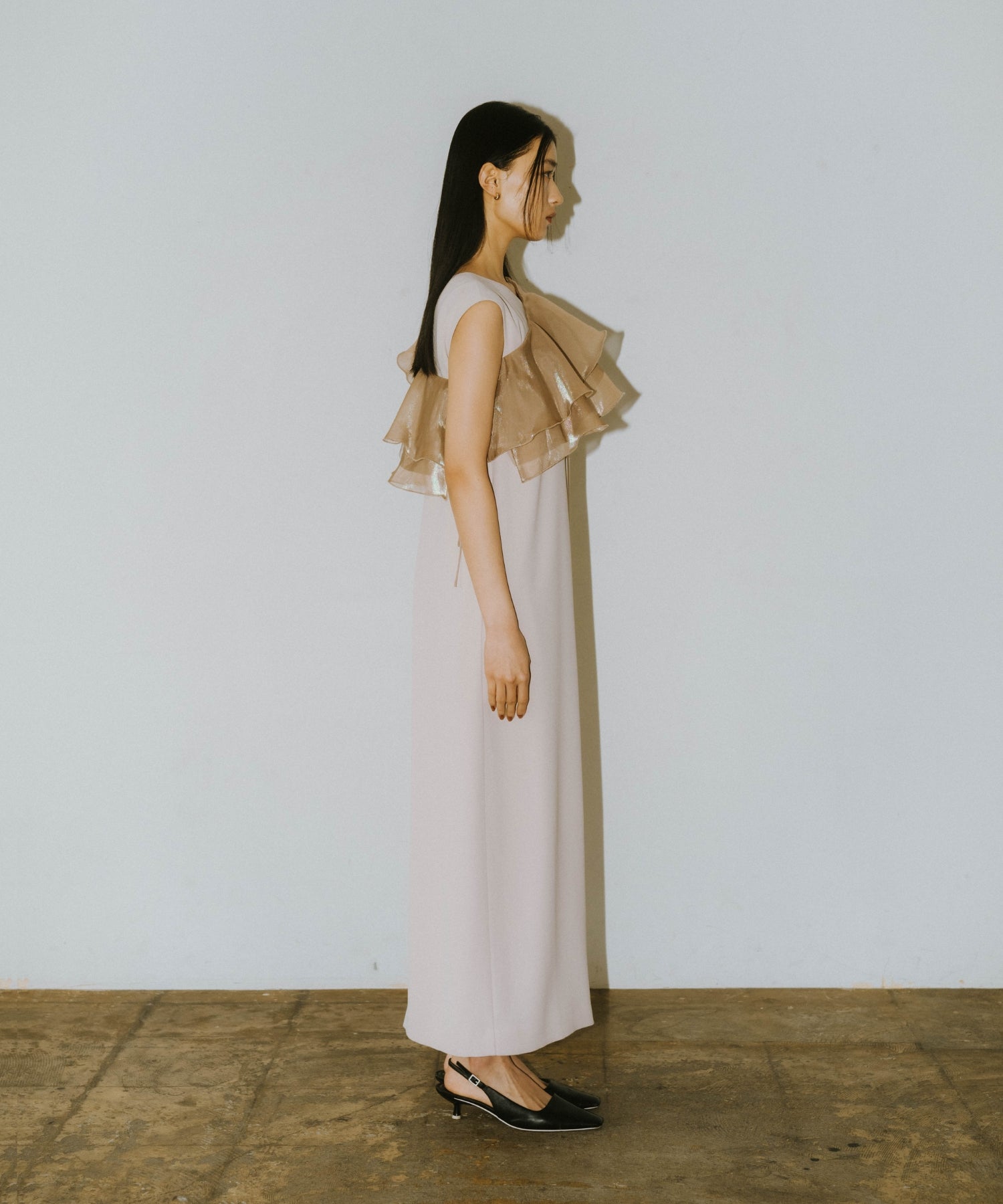 GLOSSY MULTI RUFFLE DRESS