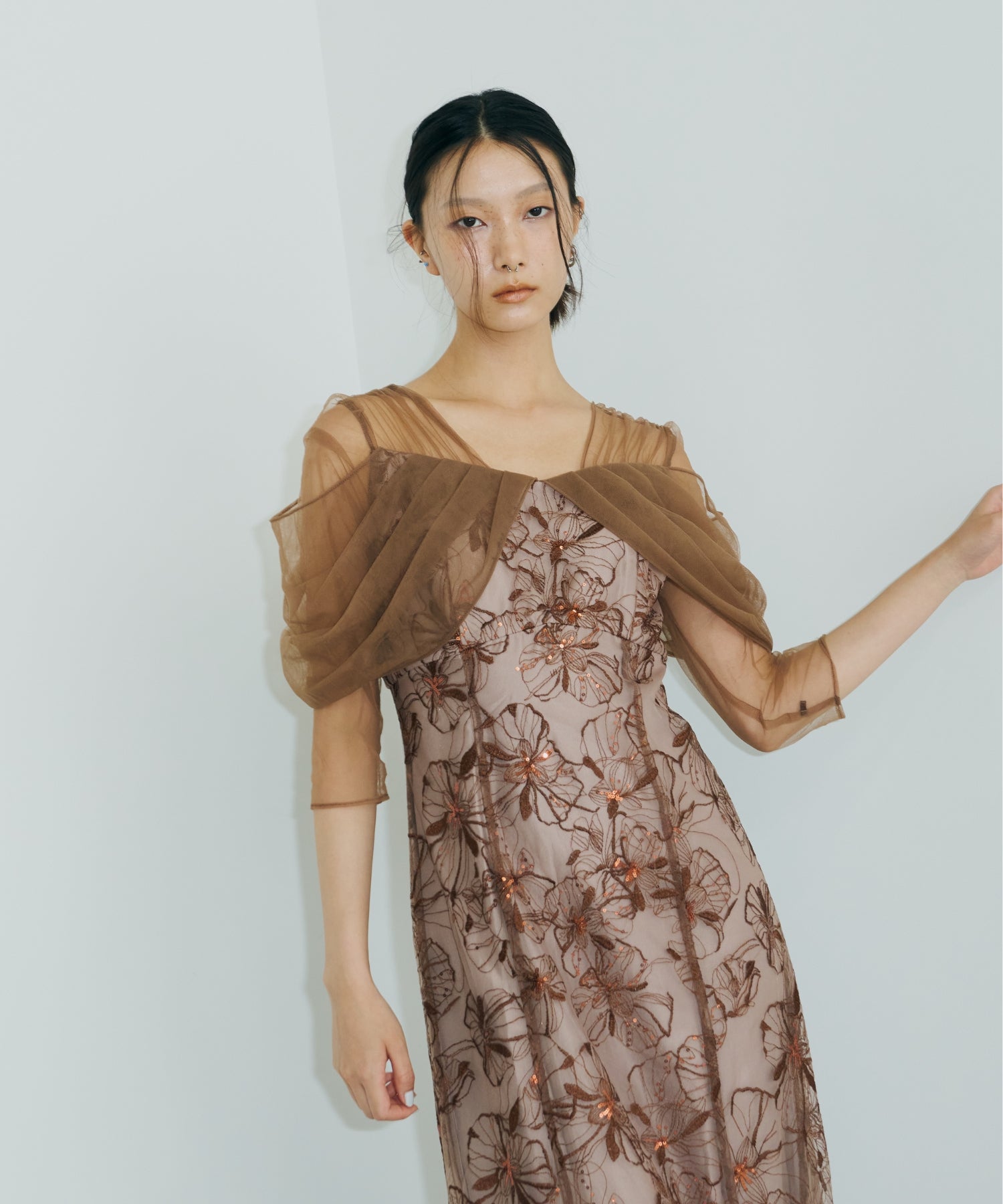 TULLE DRAPE SPANGLE DRESS