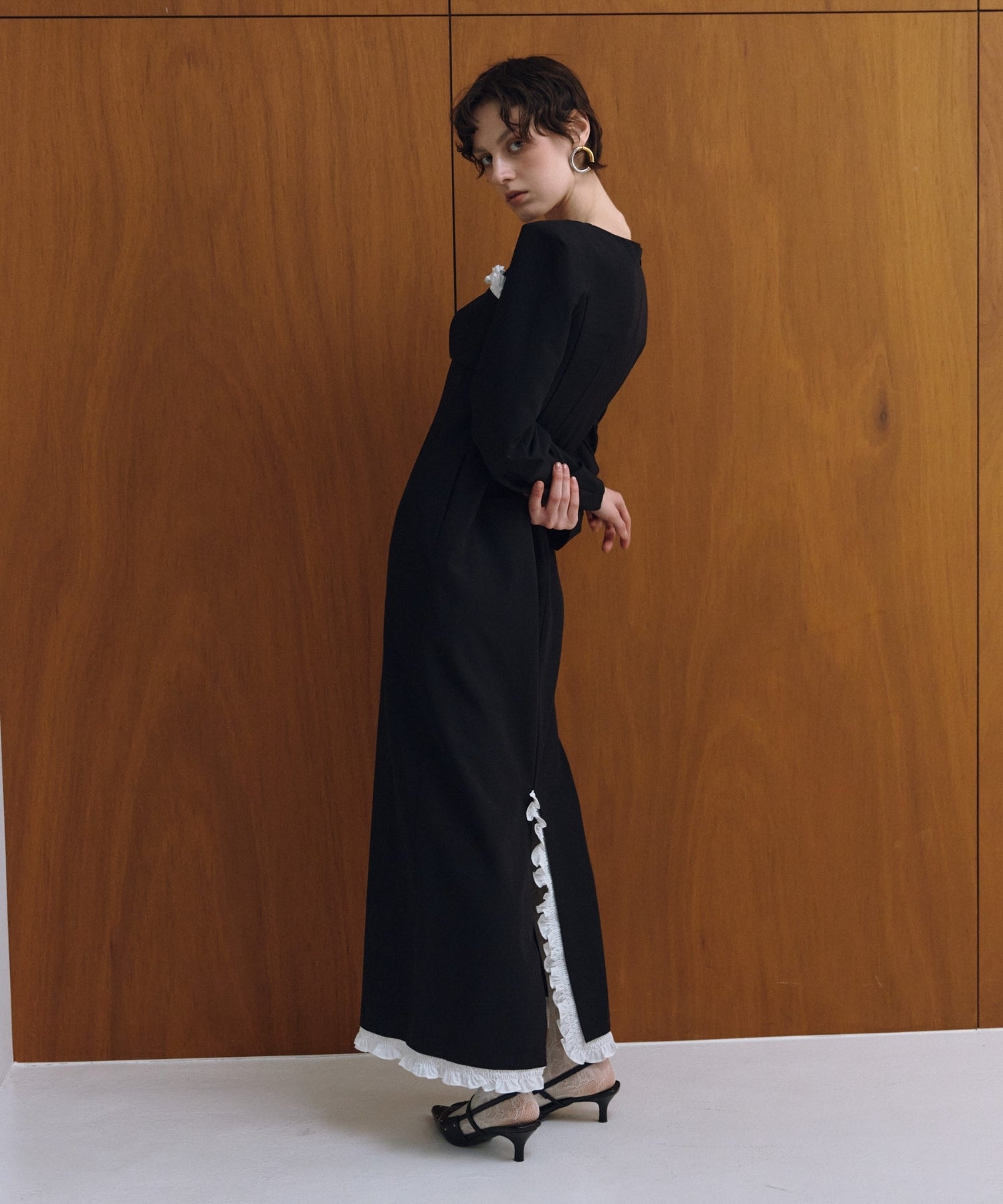 FRILLS TRIM LONG DRESS