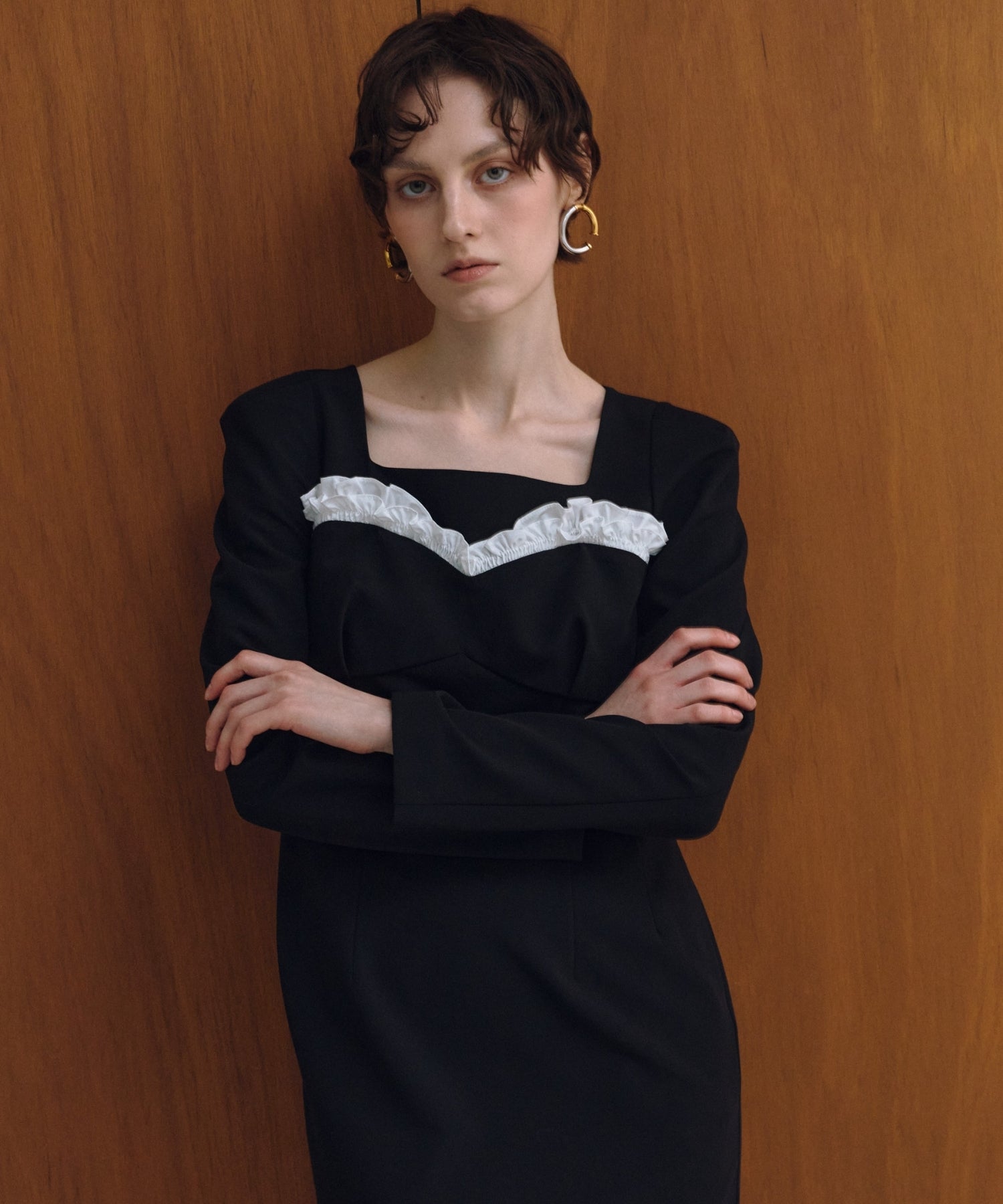 FRILLS TRIM LONG DRESS
