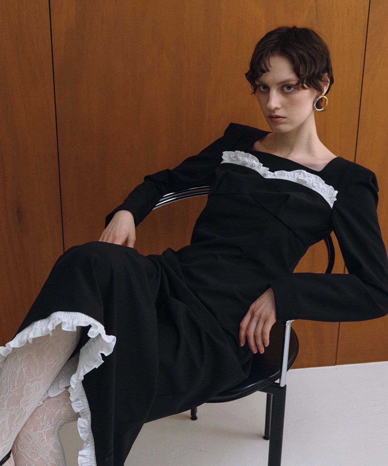 FRILLS TRIM LONG DRESS