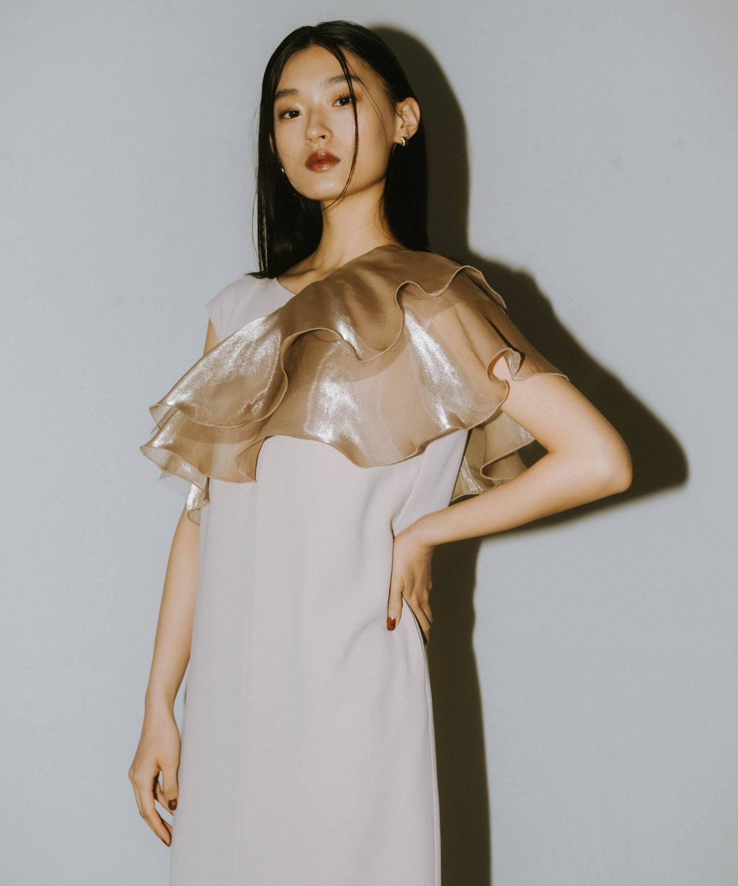 GLOSSY MULTI RUFFLE DRESS