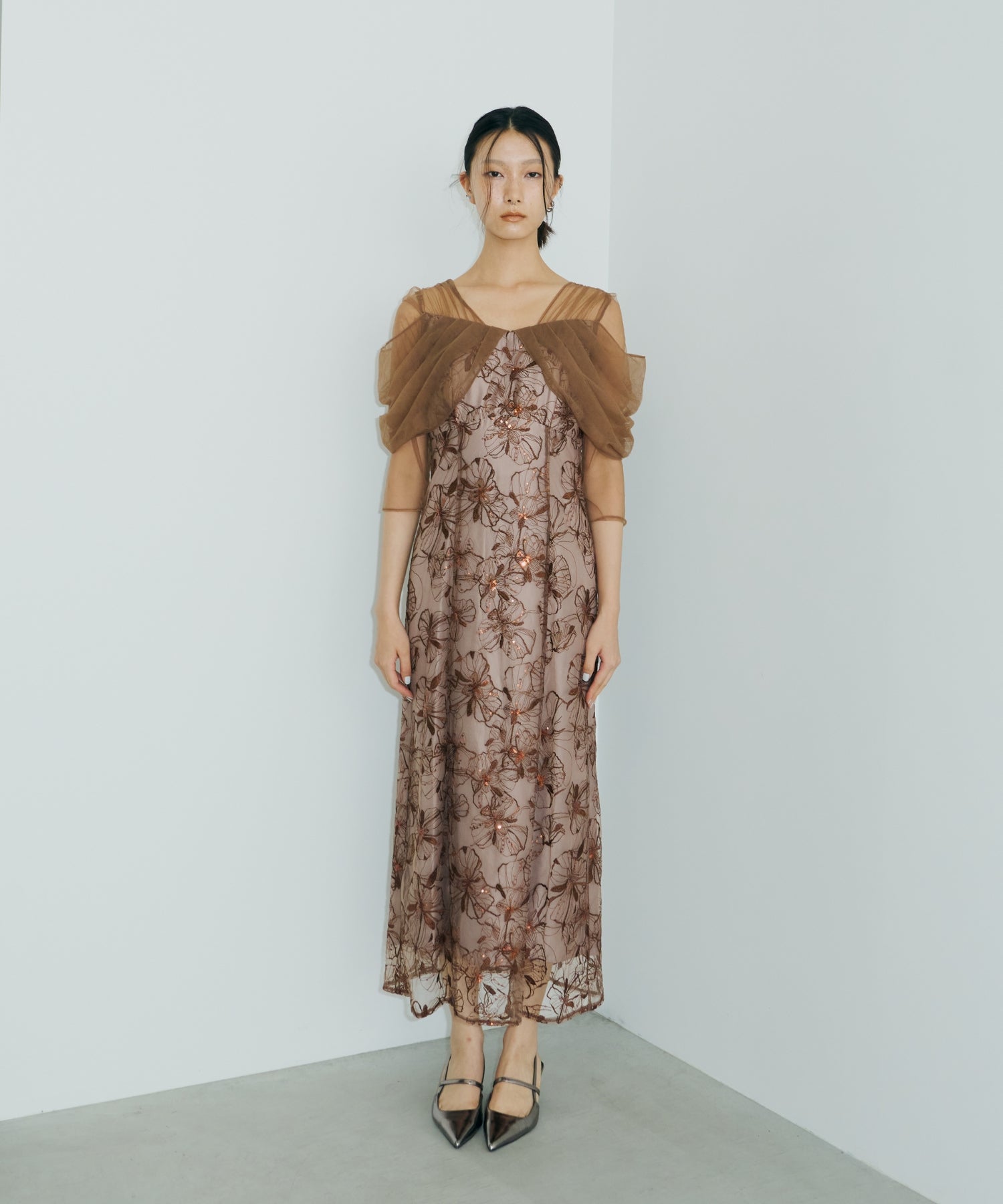 TULLE DRAPE SPANGLE DRESS