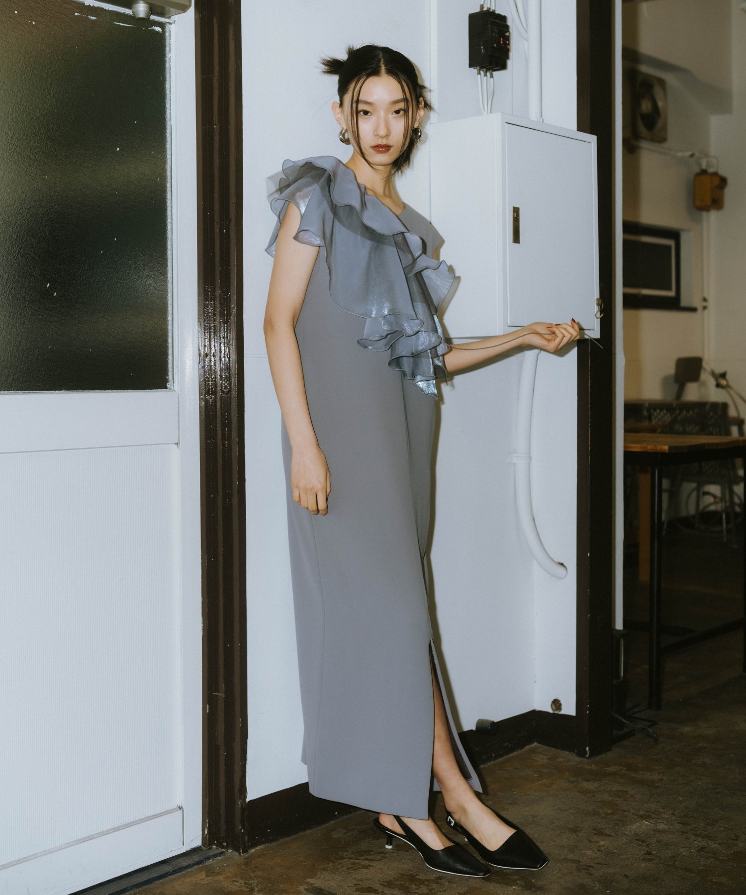 GLOSSY MULTI RUFFLE DRESS