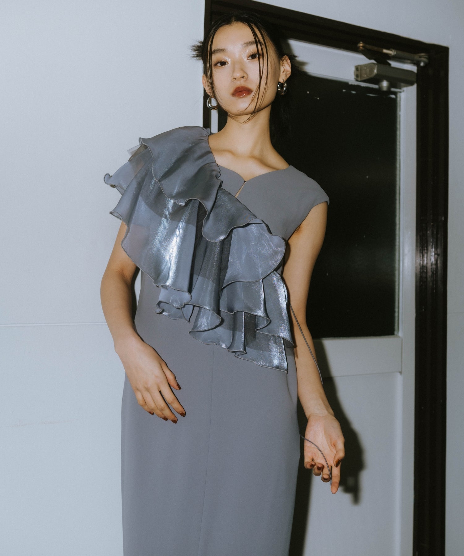GLOSSY MULTI RUFFLE DRESS