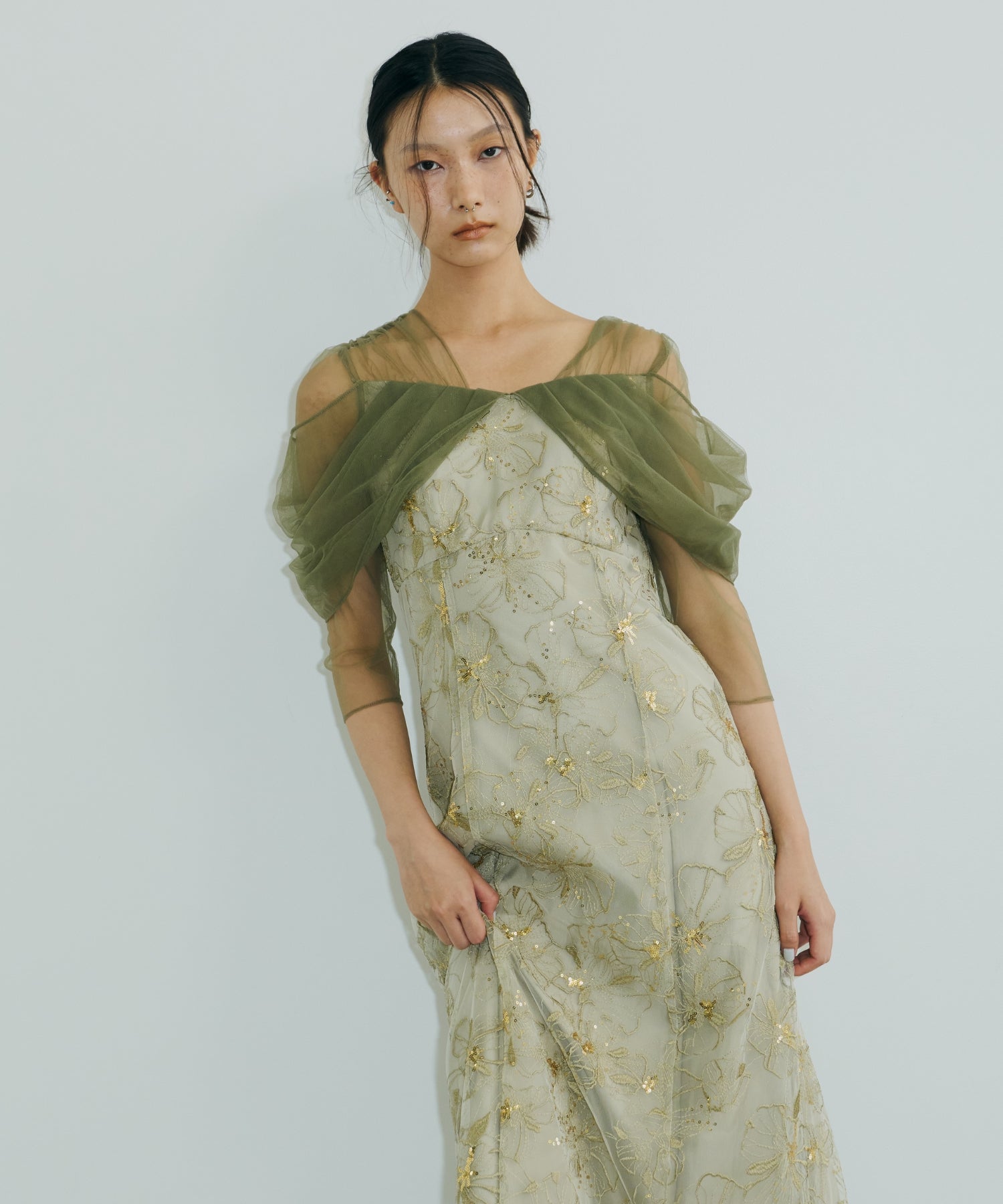 TULLE DRAPE SPANGLE DRESS