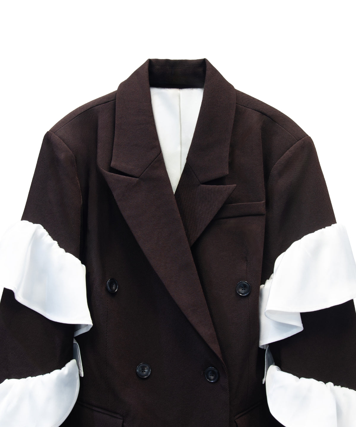 FRILL PEAKED LAPEL JACKET ブラウン 正面アップ物撮り画像