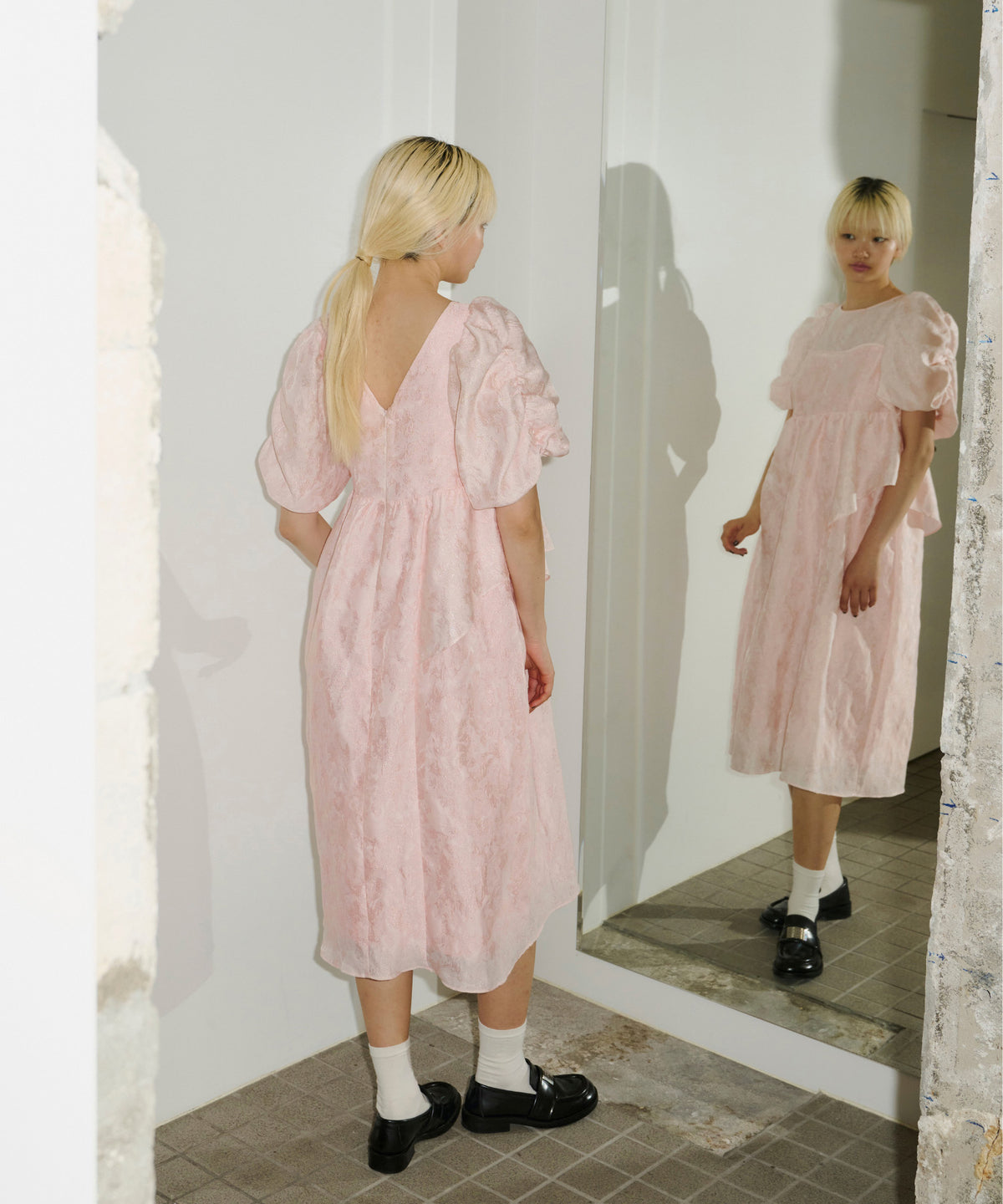 BUBBLE SLEEVE JACQUARD DRESS