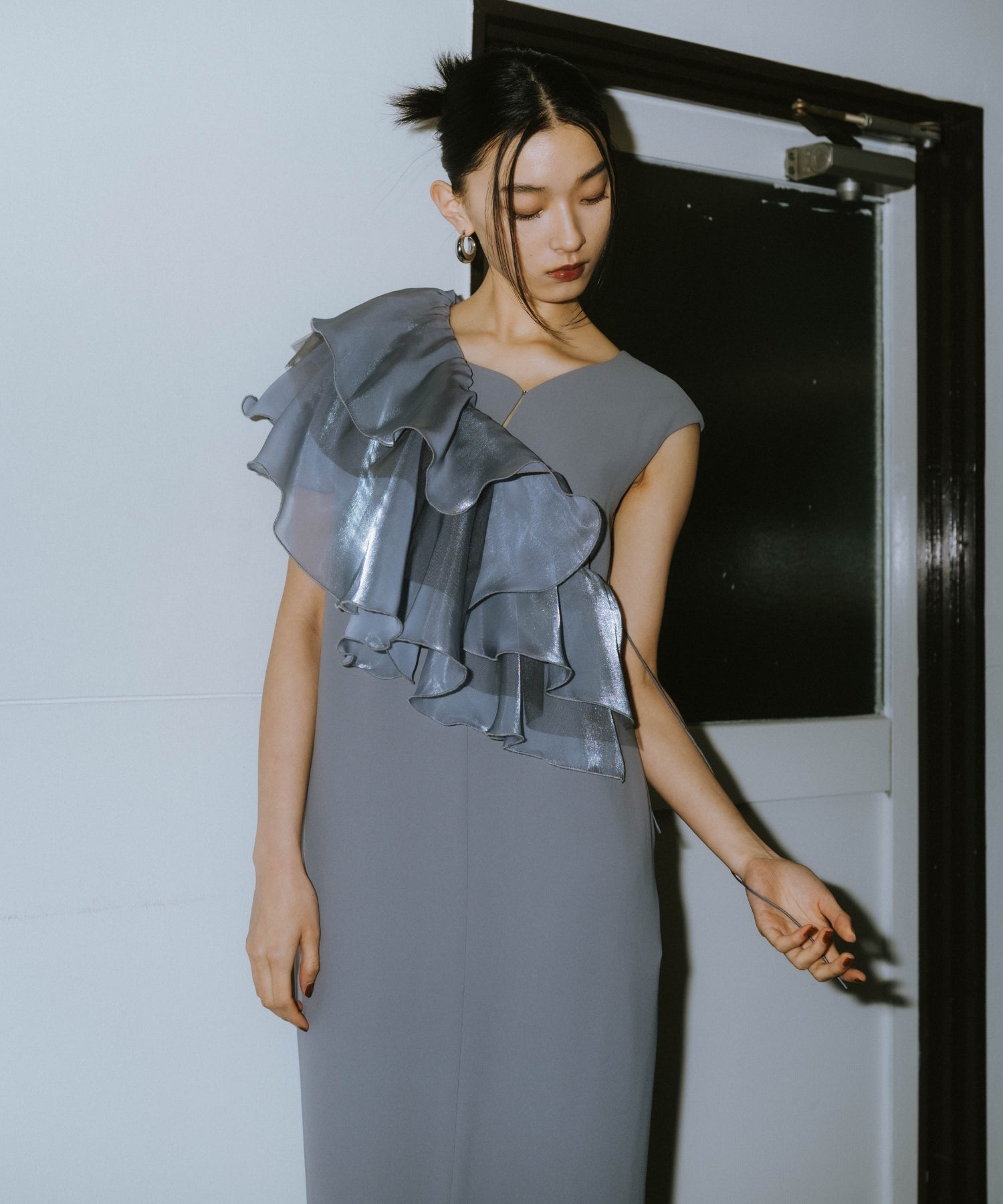 GLOSSY MULTI RUFFLE DRESS