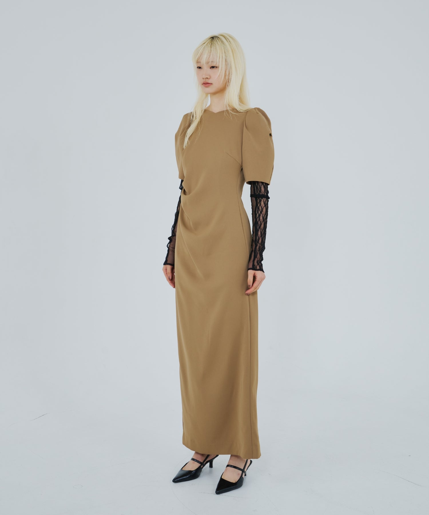 LACE ARM DRAPE DRESS