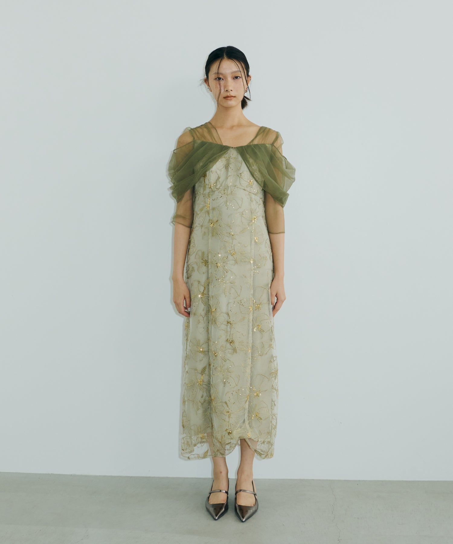 TULLE DRAPE SPANGLE DRESS