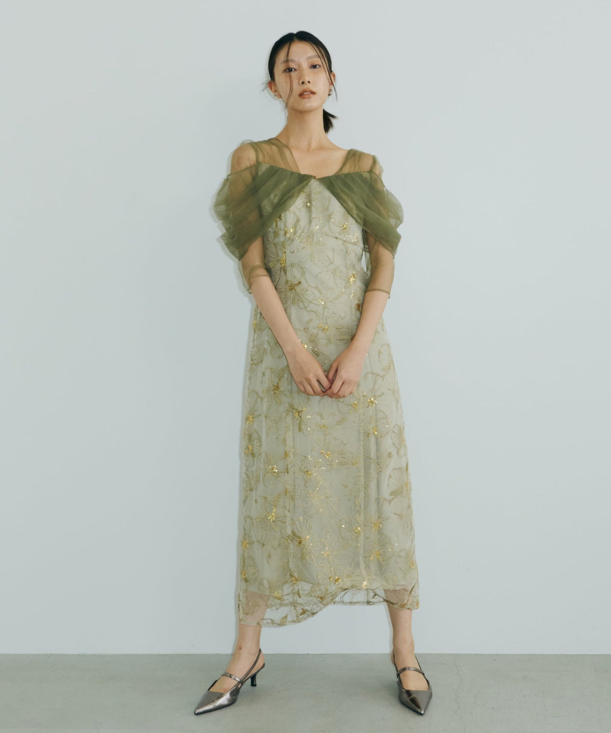 TULLE DRAPE SPANGLE DRESS