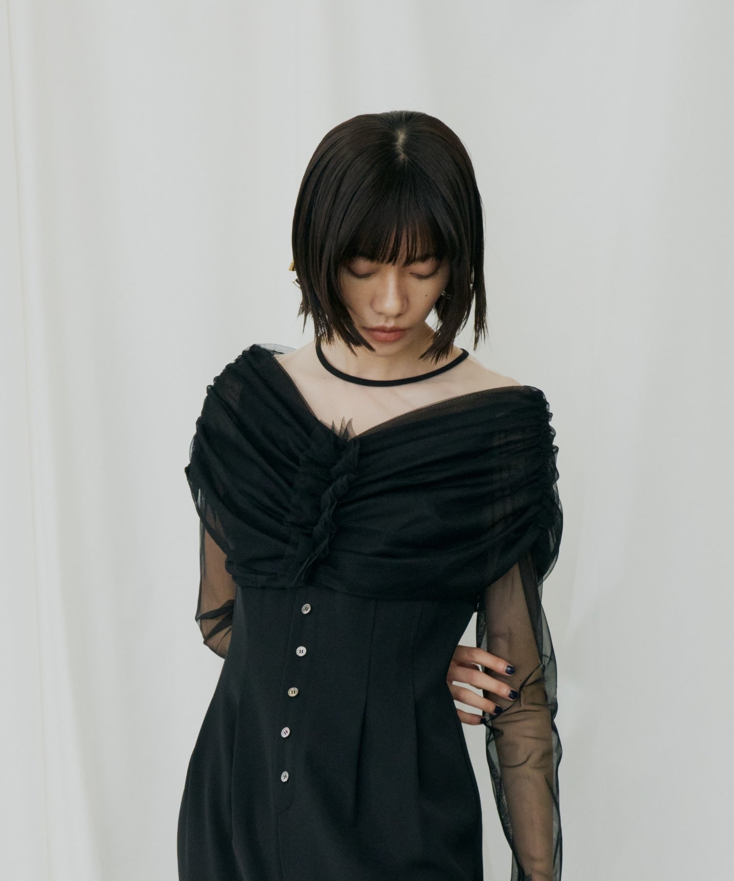 SHEER GATHERED COLUMN DRESS