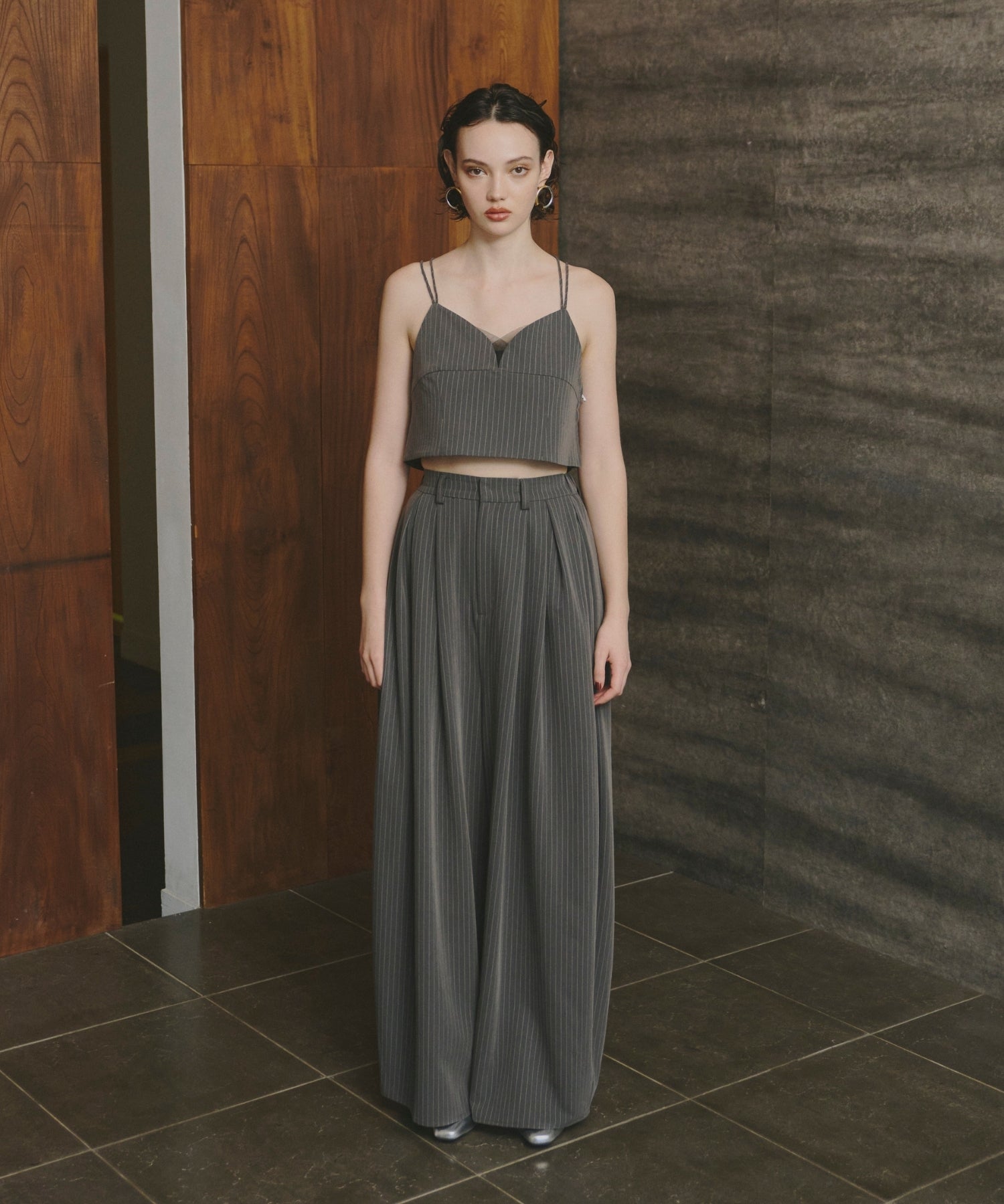 PINSTRIPE BUSTIER WIDE PANTS DRESS