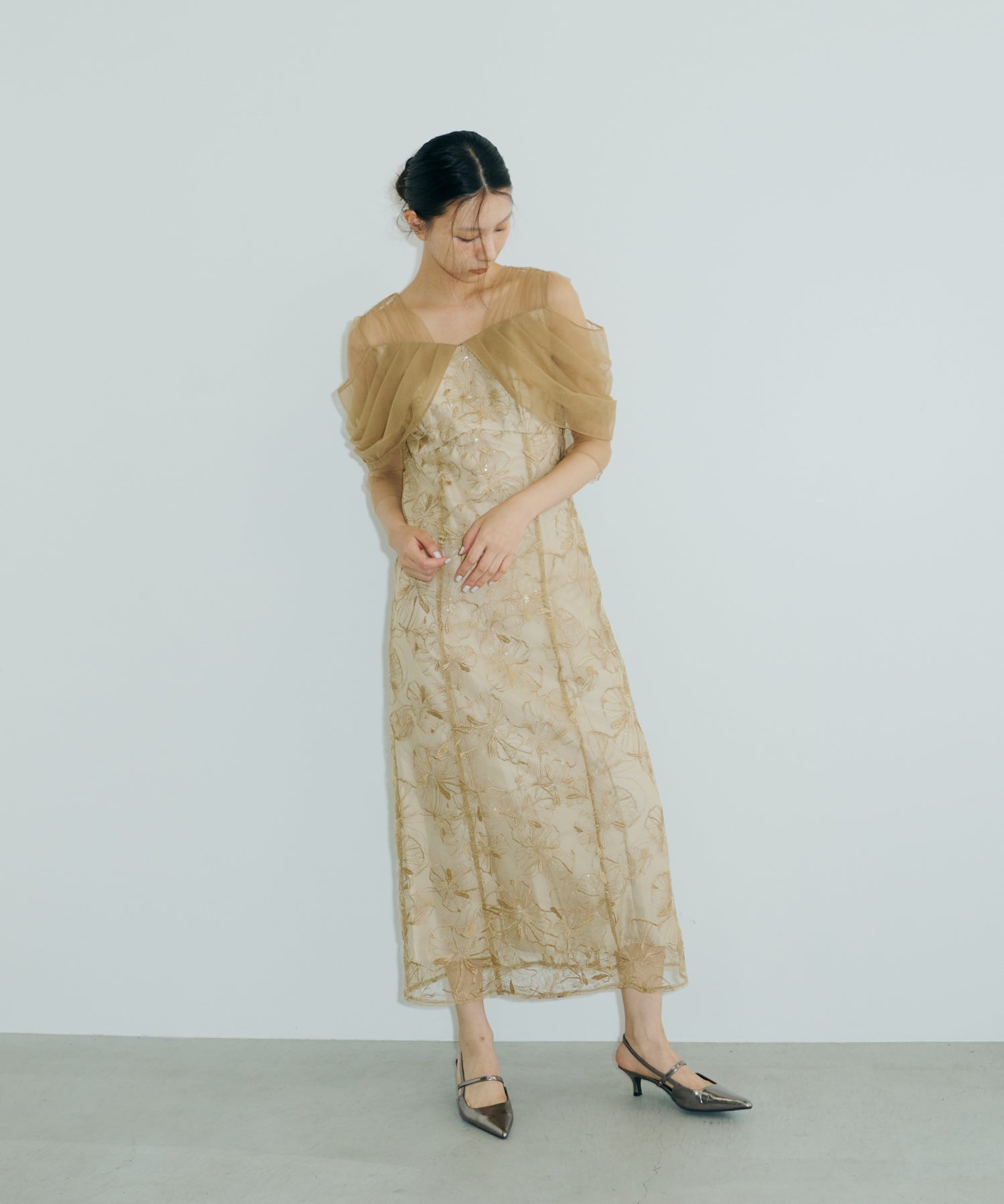 TULLE DRAPE SPANGLE DRESS