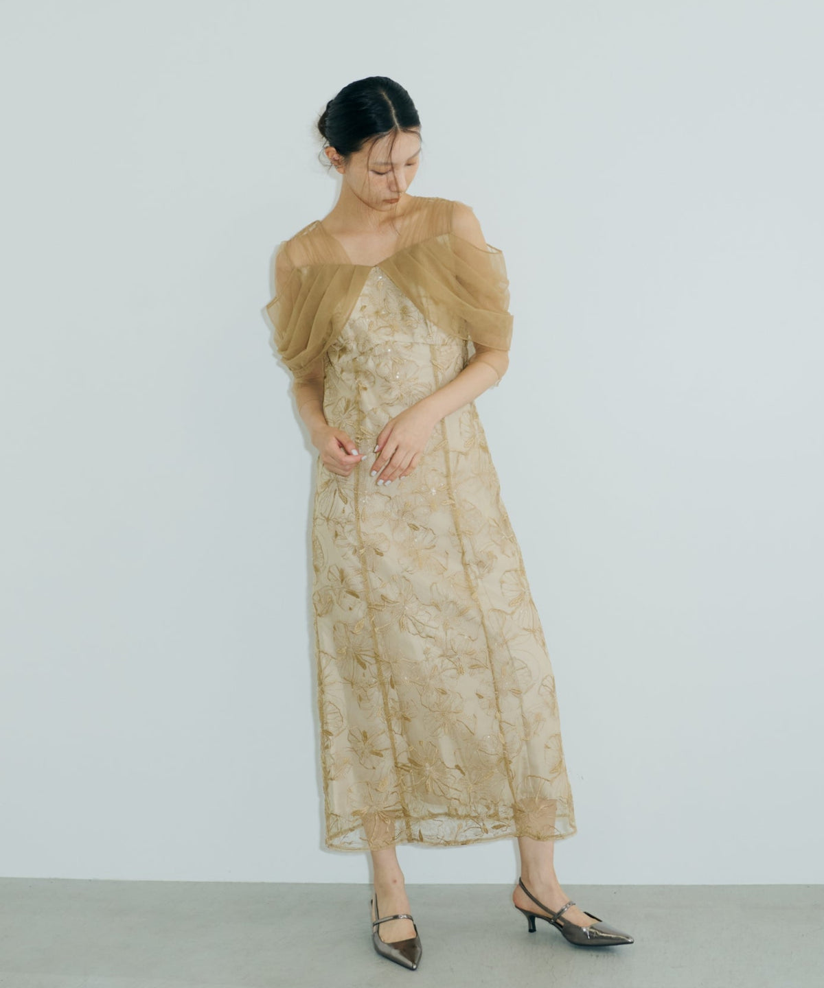 TULLE DRAPE SPANGLE DRESS