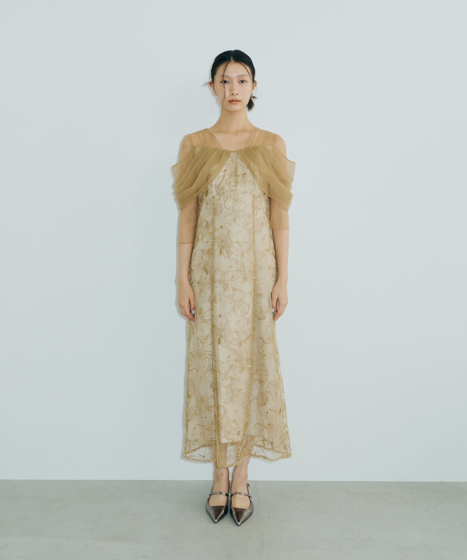TULLE DRAPE SPANGLE DRESS