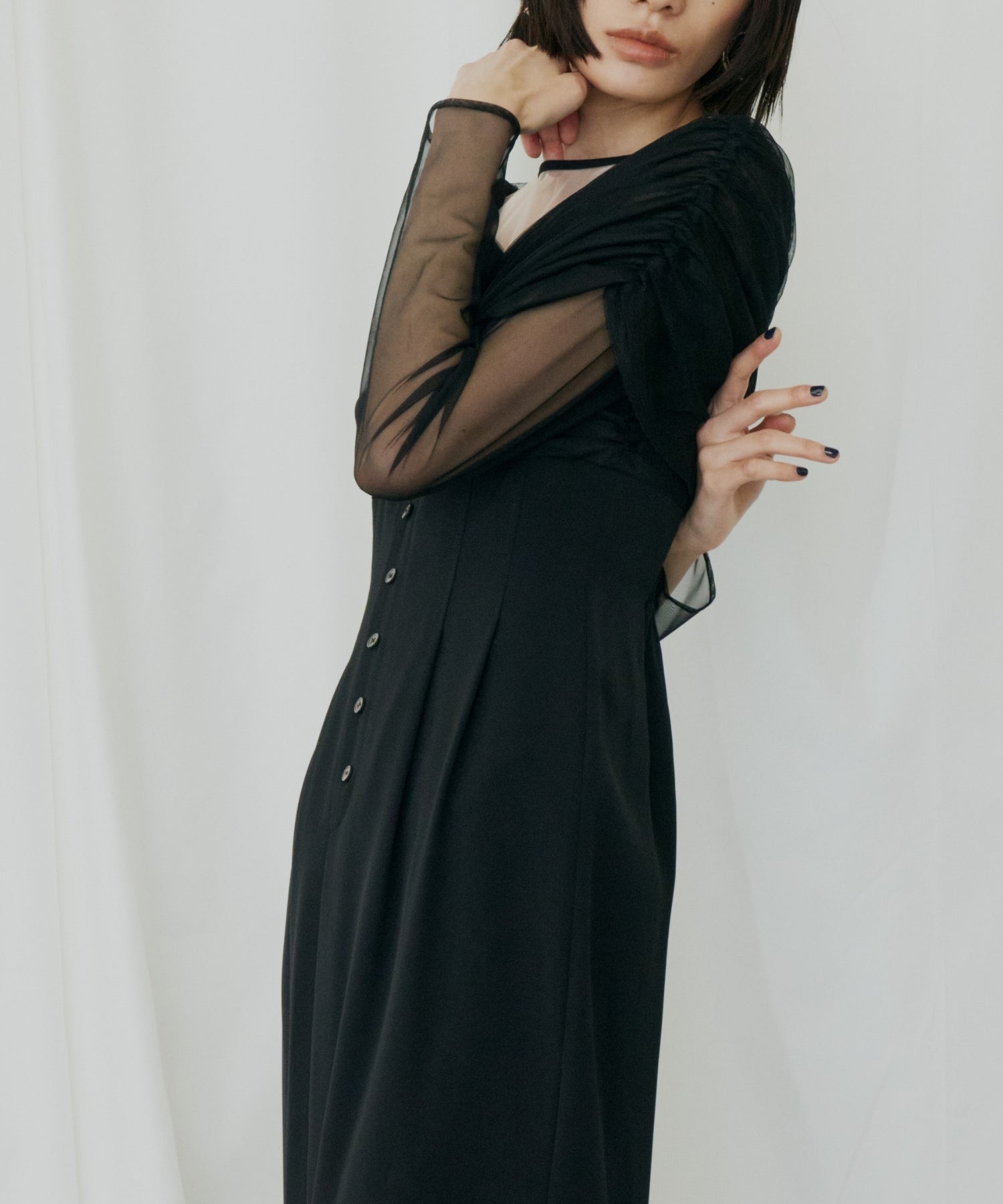 SHEER GATHERED COLUMN DRESS