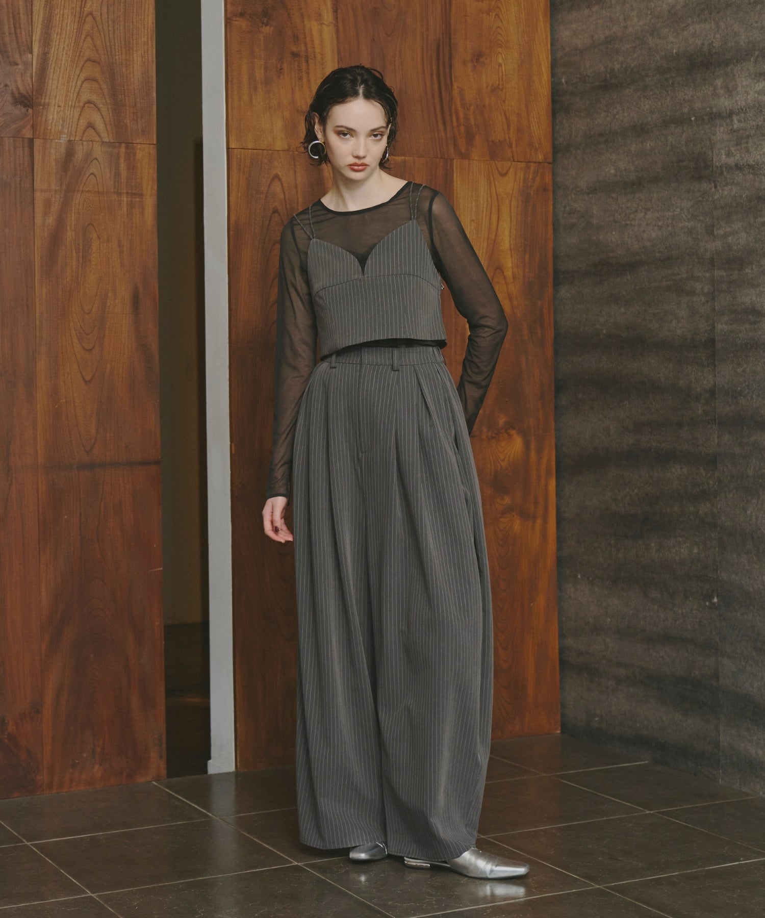 PINSTRIPE BUSTIER WIDE PANTS DRESS