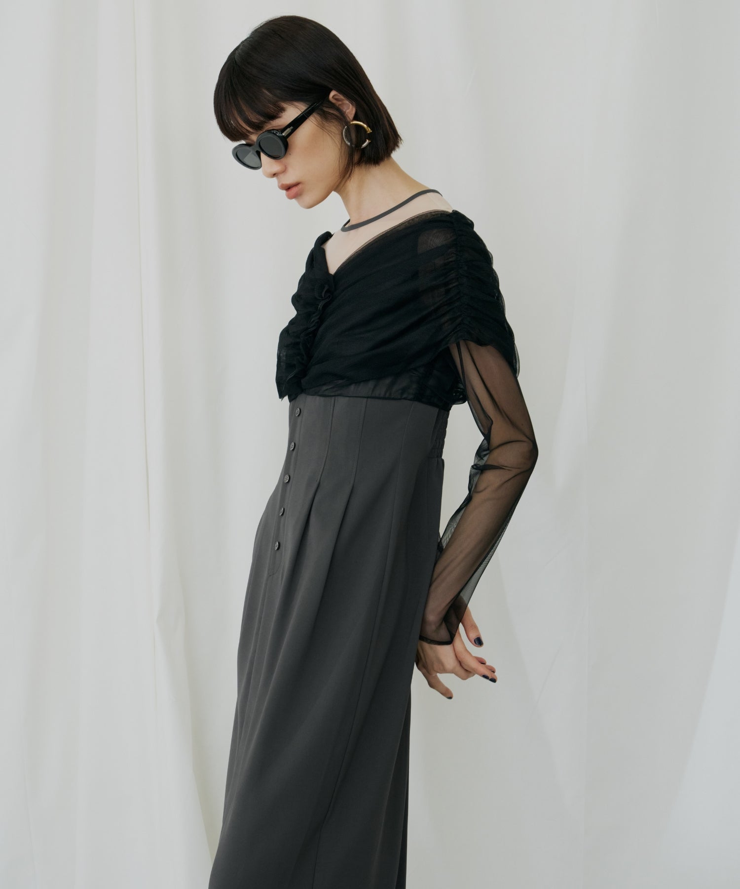 SHEER GATHERED COLUMN DRESS