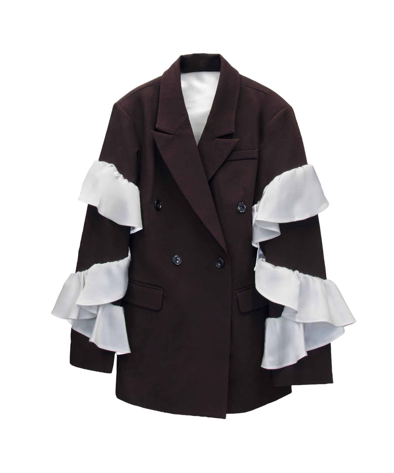 FRILL PEAKED LAPEL JACKET ブラウン 正面物撮り画像