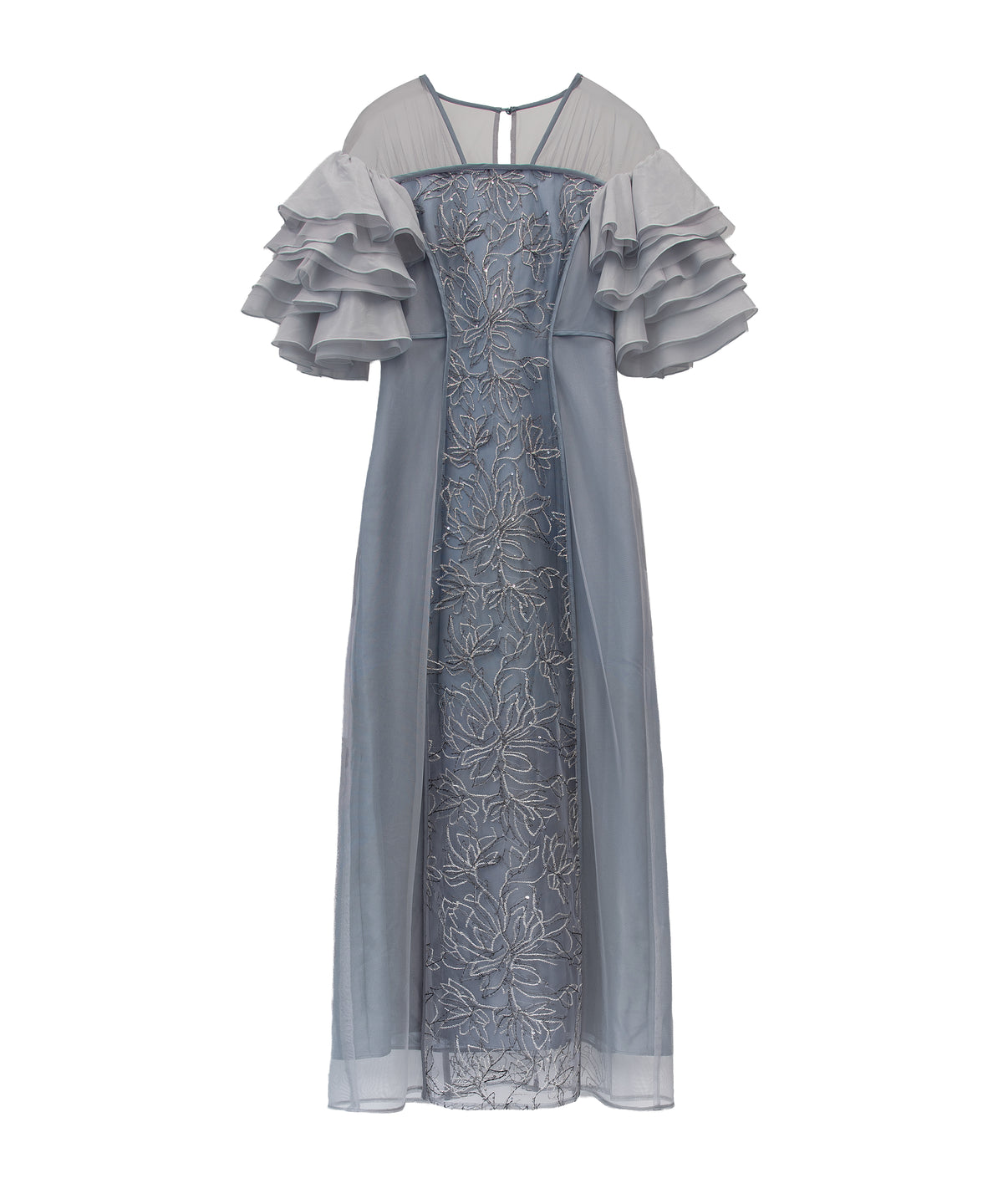 SPANGLE RUFFLE DRESS グレー 正面全身物撮り画像