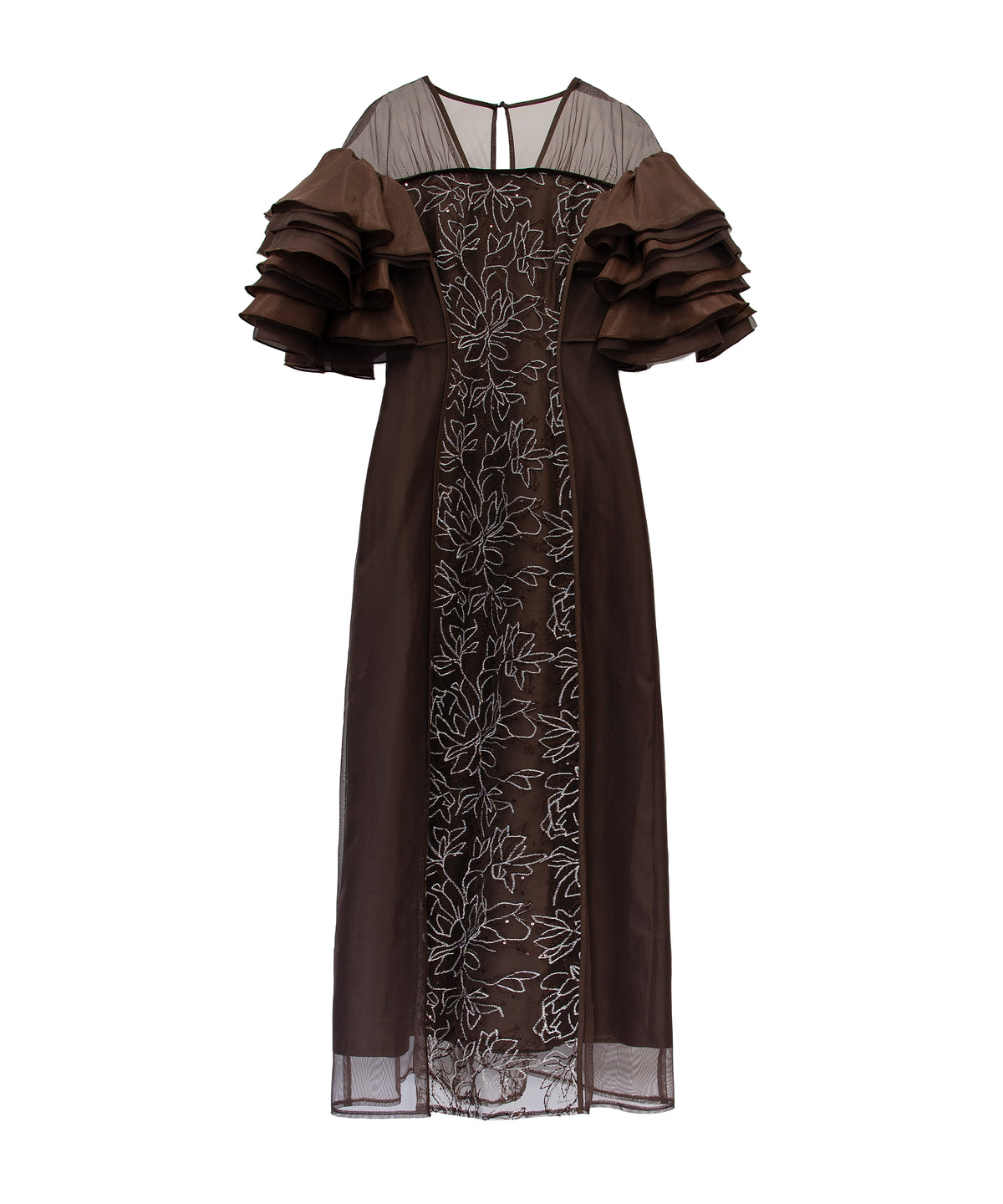 SPANGLE RUFFLE DRESS ブラウン 正面全身物撮り画像