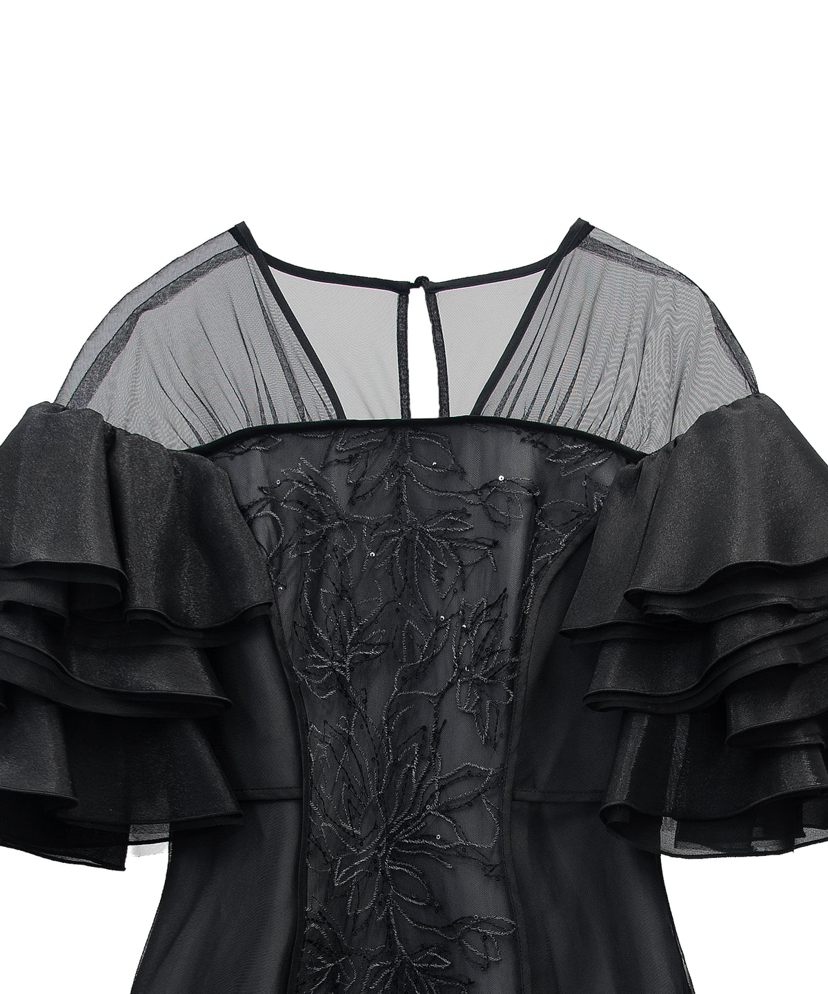 SPANGLE RUFFLE DRESS ブラック 正面アップ物撮り画像
