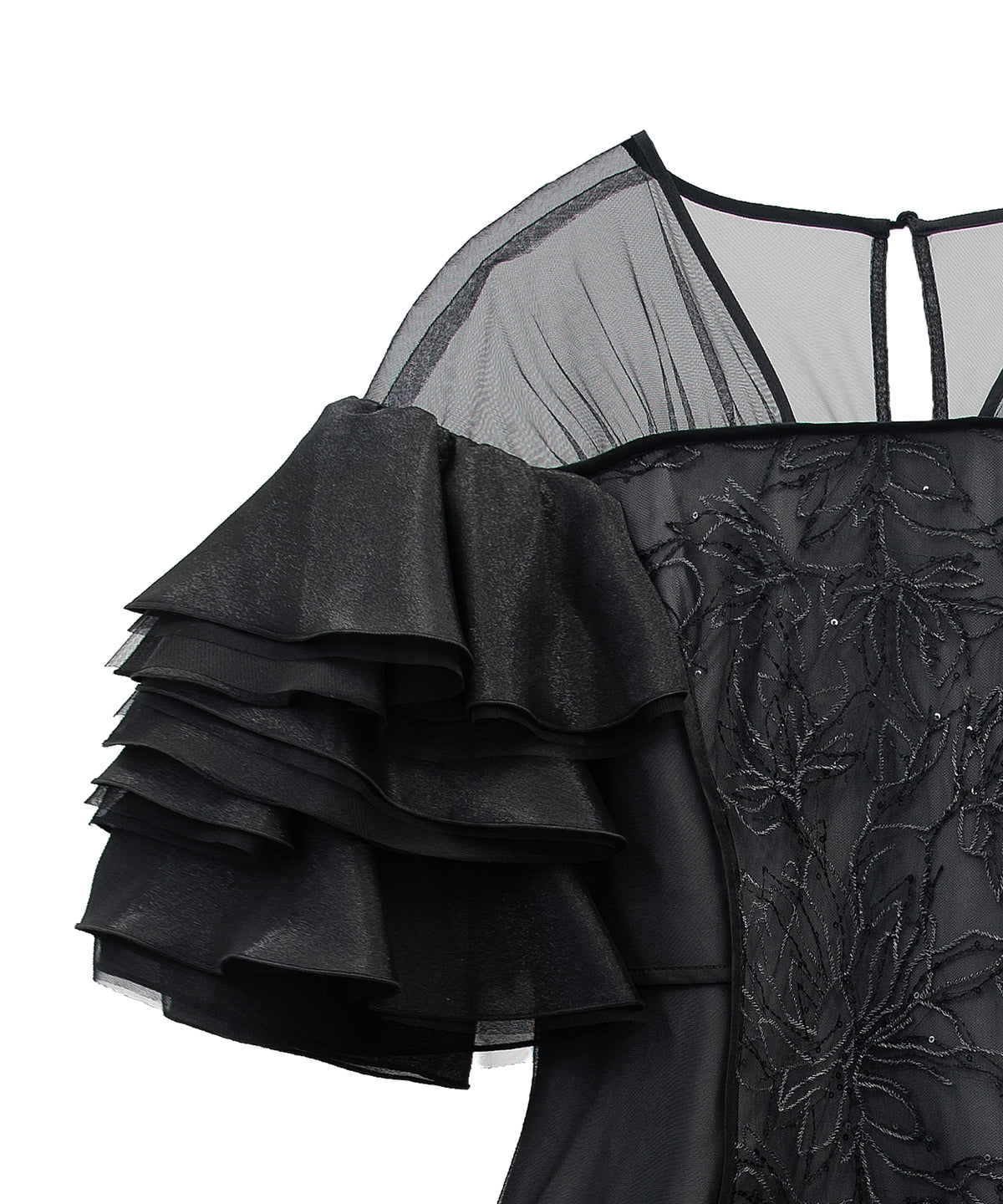 SPANGLE RUFFLE DRESS ブラック 正面アップ物撮り画像