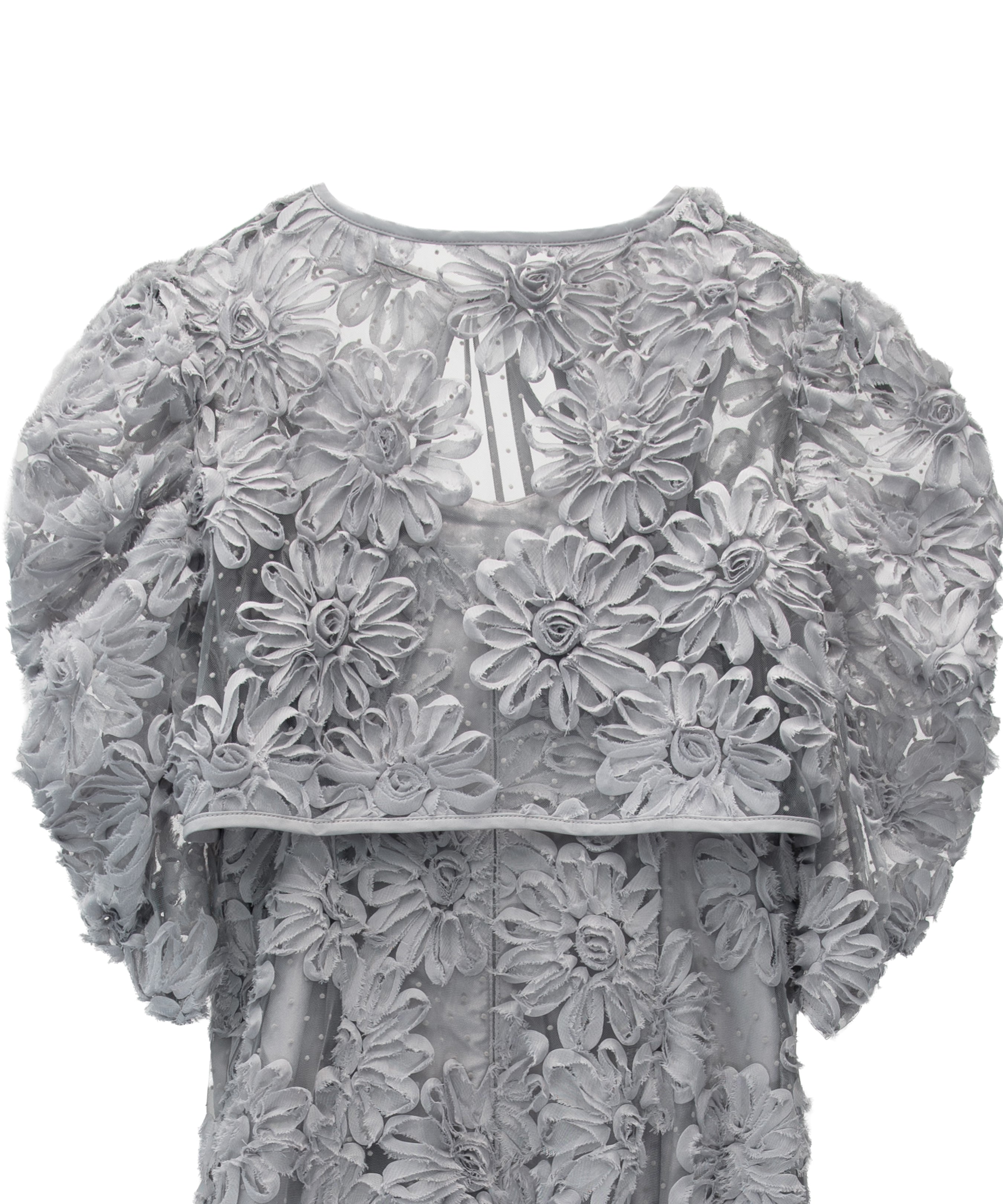 FLOCKING BOLERO DRESS グレー 背面全身アップ物撮り画像