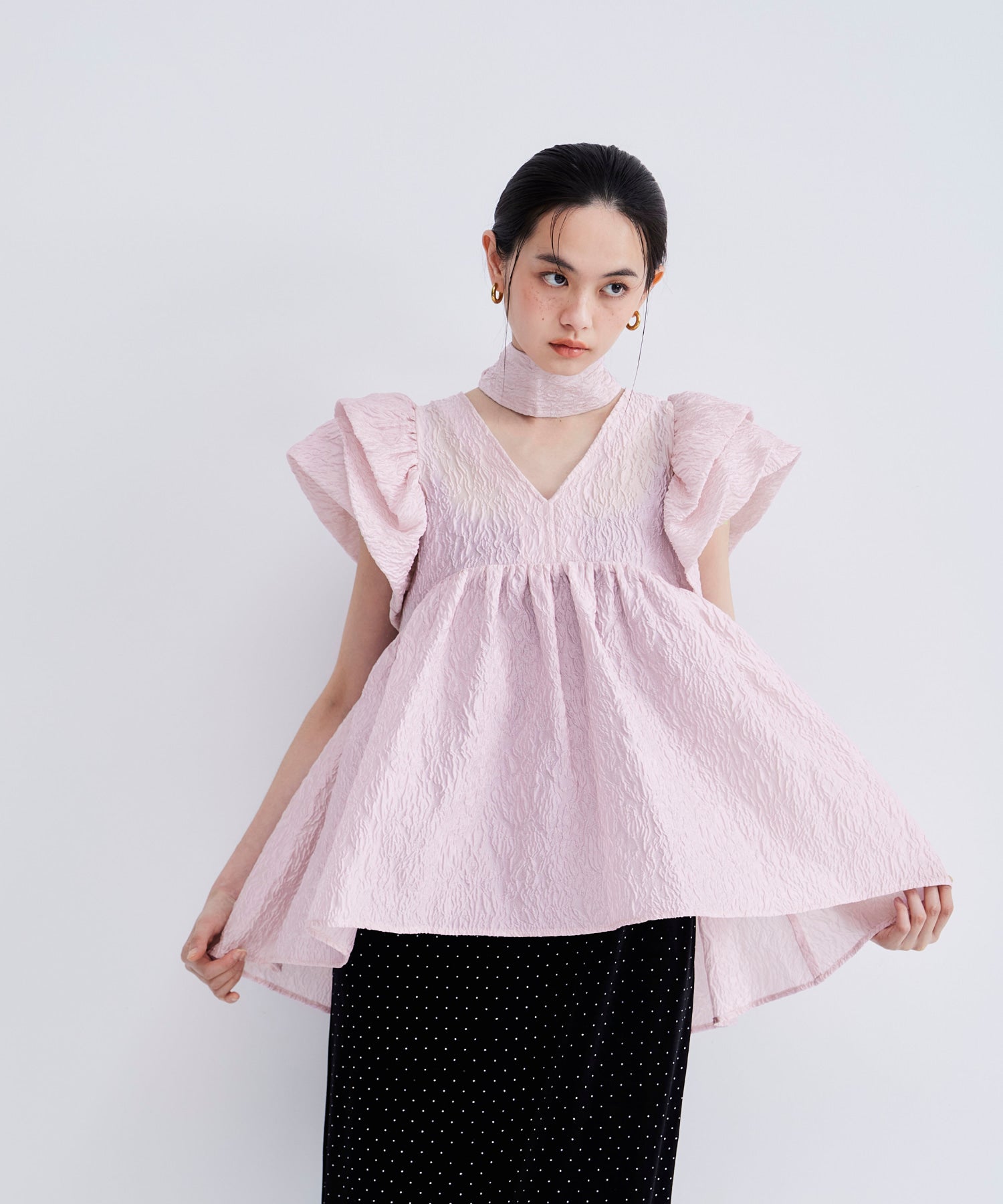 SHEER JACQUARD PEPLUM TOPS