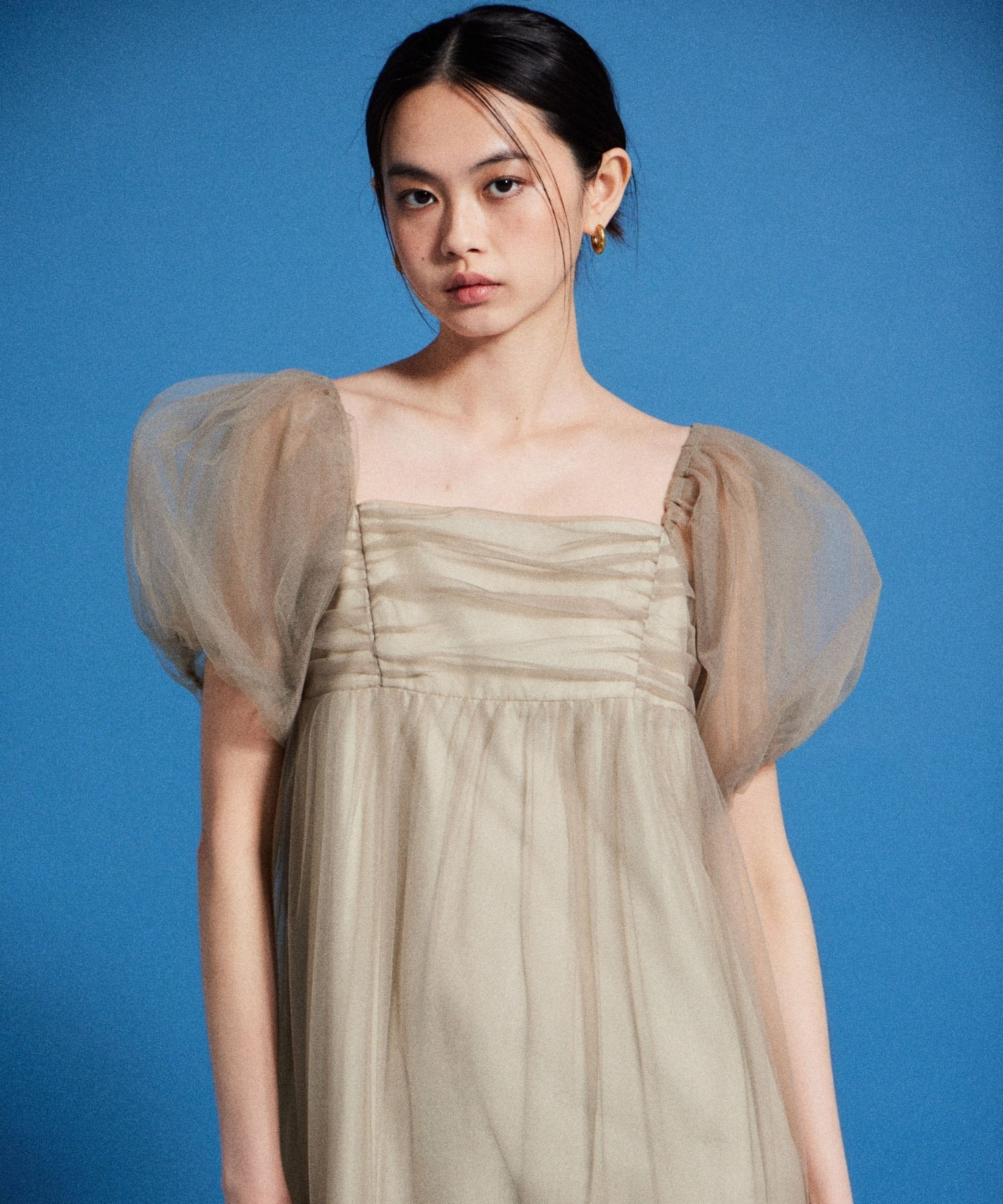 VOLUME TULLE PUFF SLEEVE DRESS