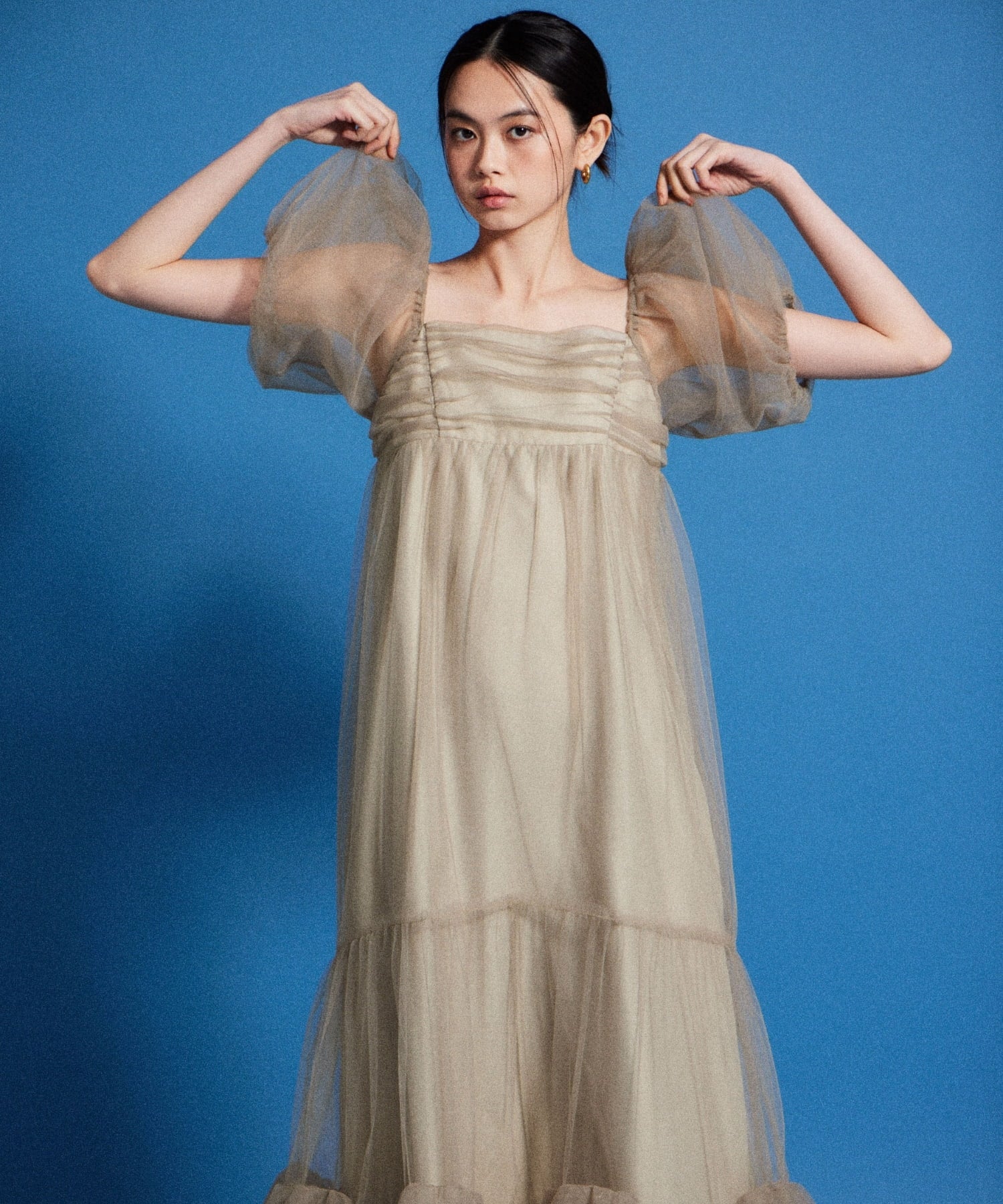 VOLUME TULLE PUFF SLEEVE DRESS