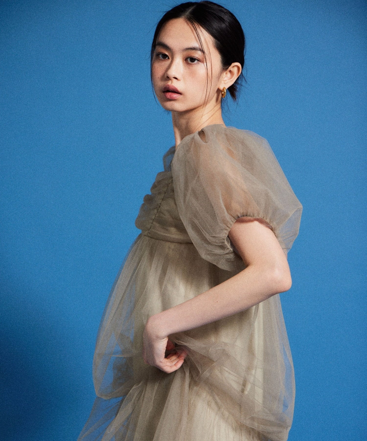 VOLUME TULLE PUFF SLEEVE DRESS