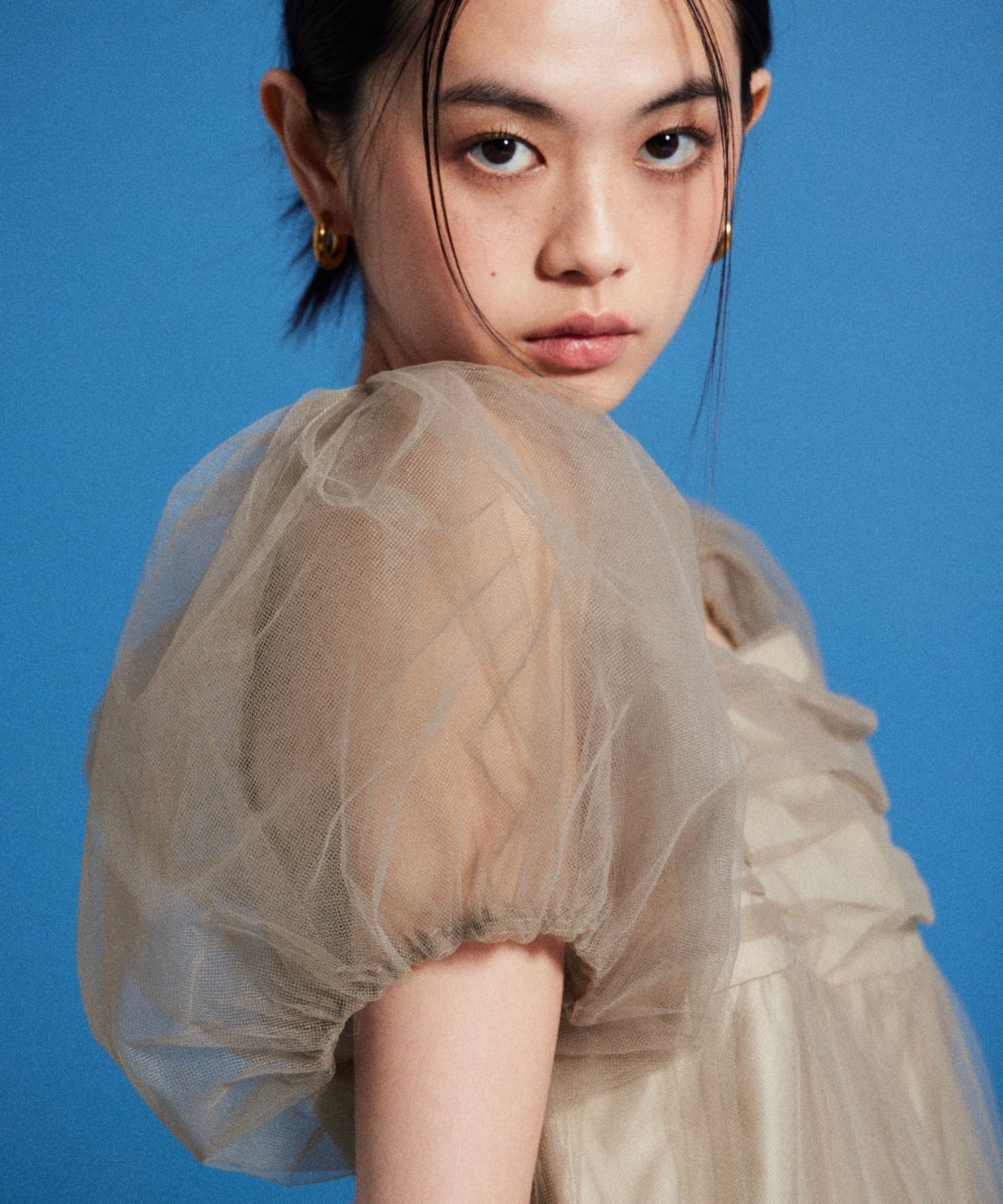 VOLUME TULLE PUFF SLEEVE DRESS