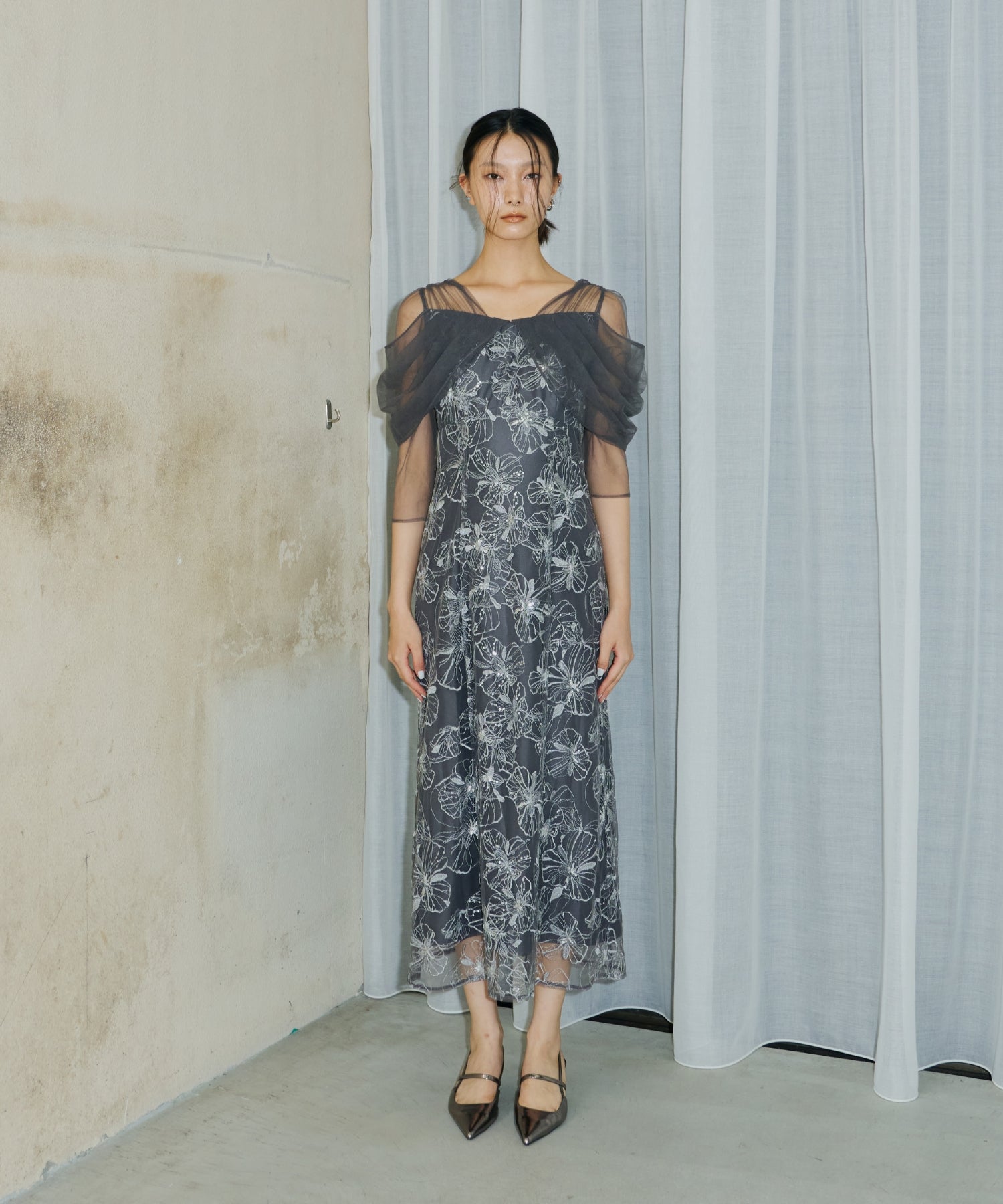 TULLE DRAPE SPANGLE DRESS