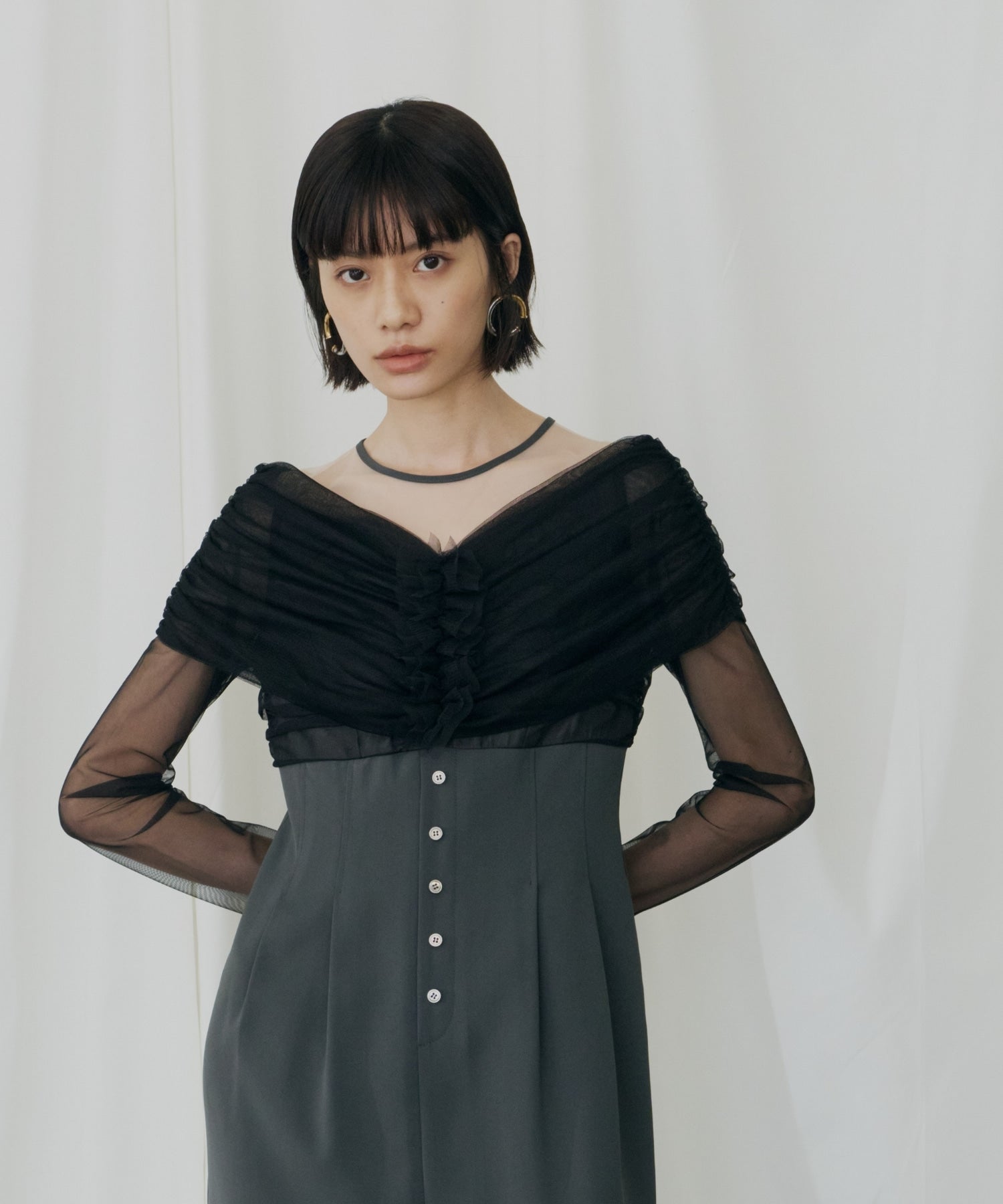 SHEER GATHERED COLUMN DRESS