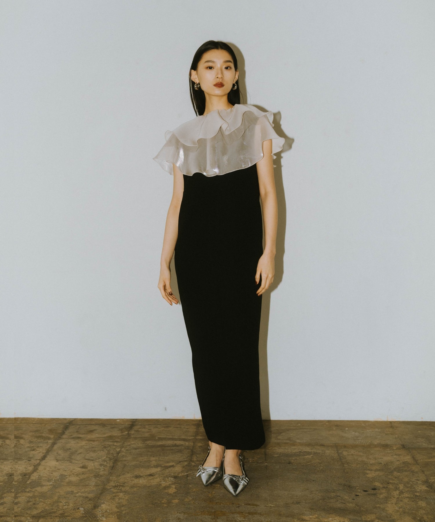 GLOSSY MULTI RUFFLE DRESS