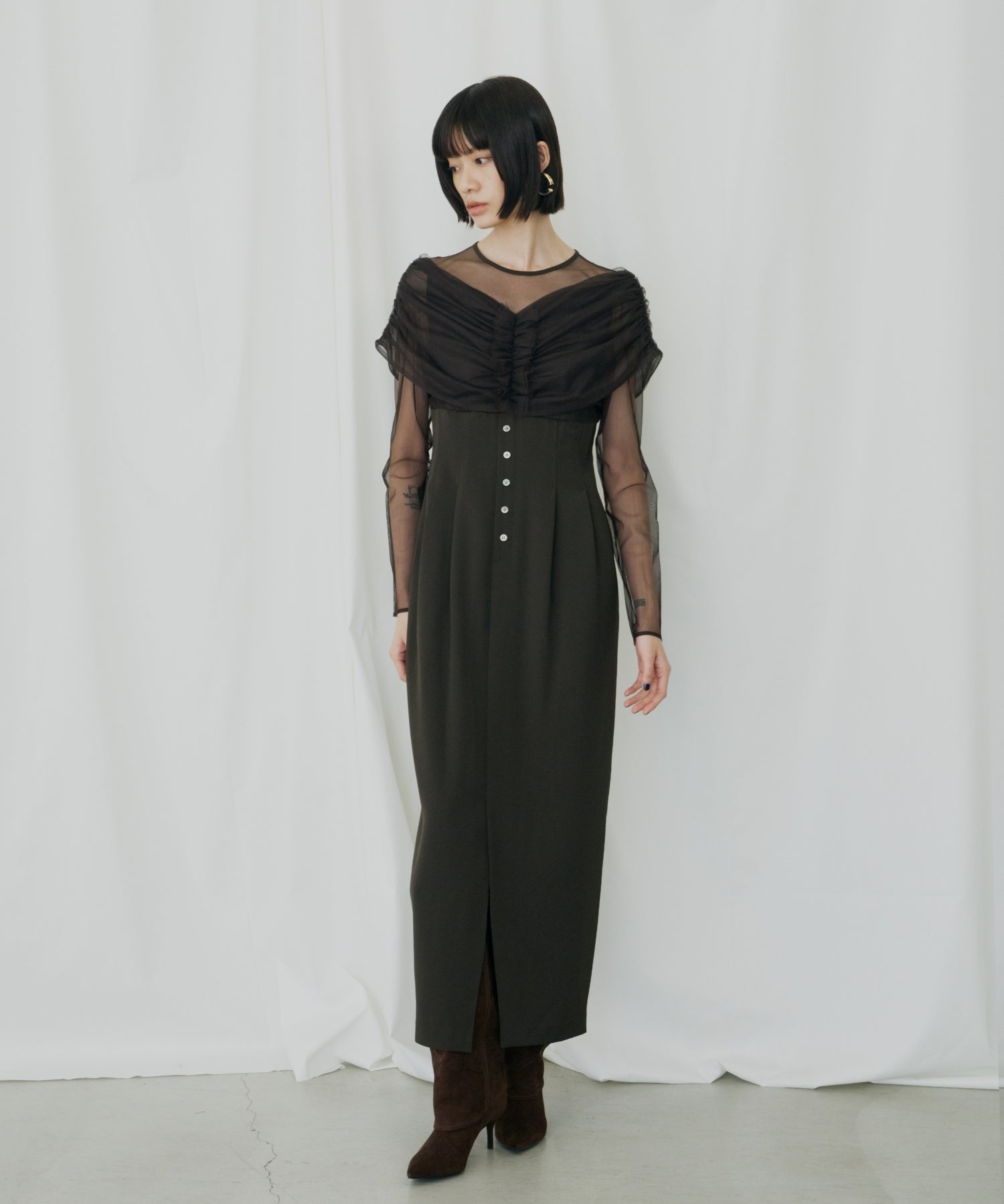 SHEER GATHERED COLUMN DRESS