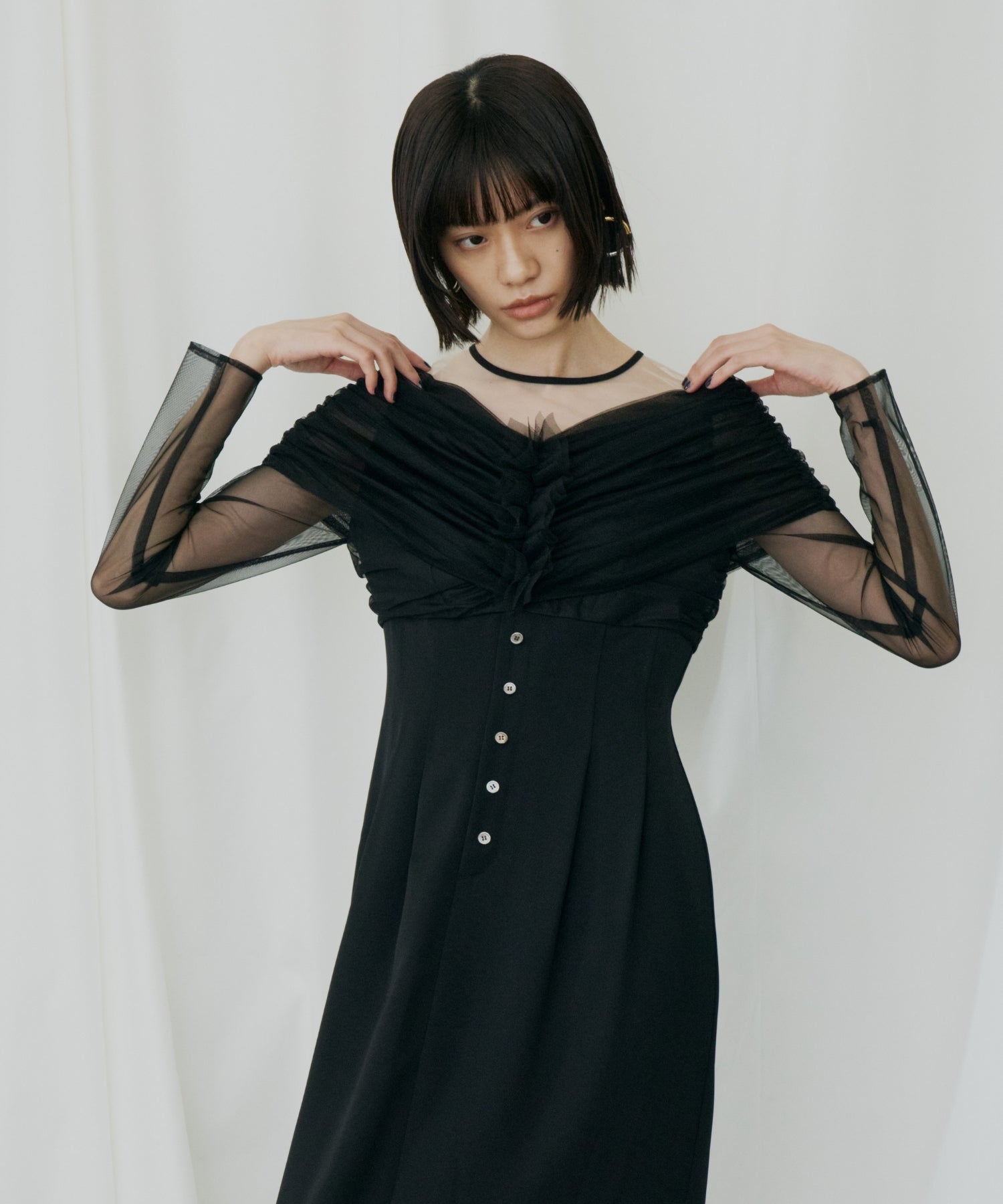 SHEER GATHERED COLUMN DRESS