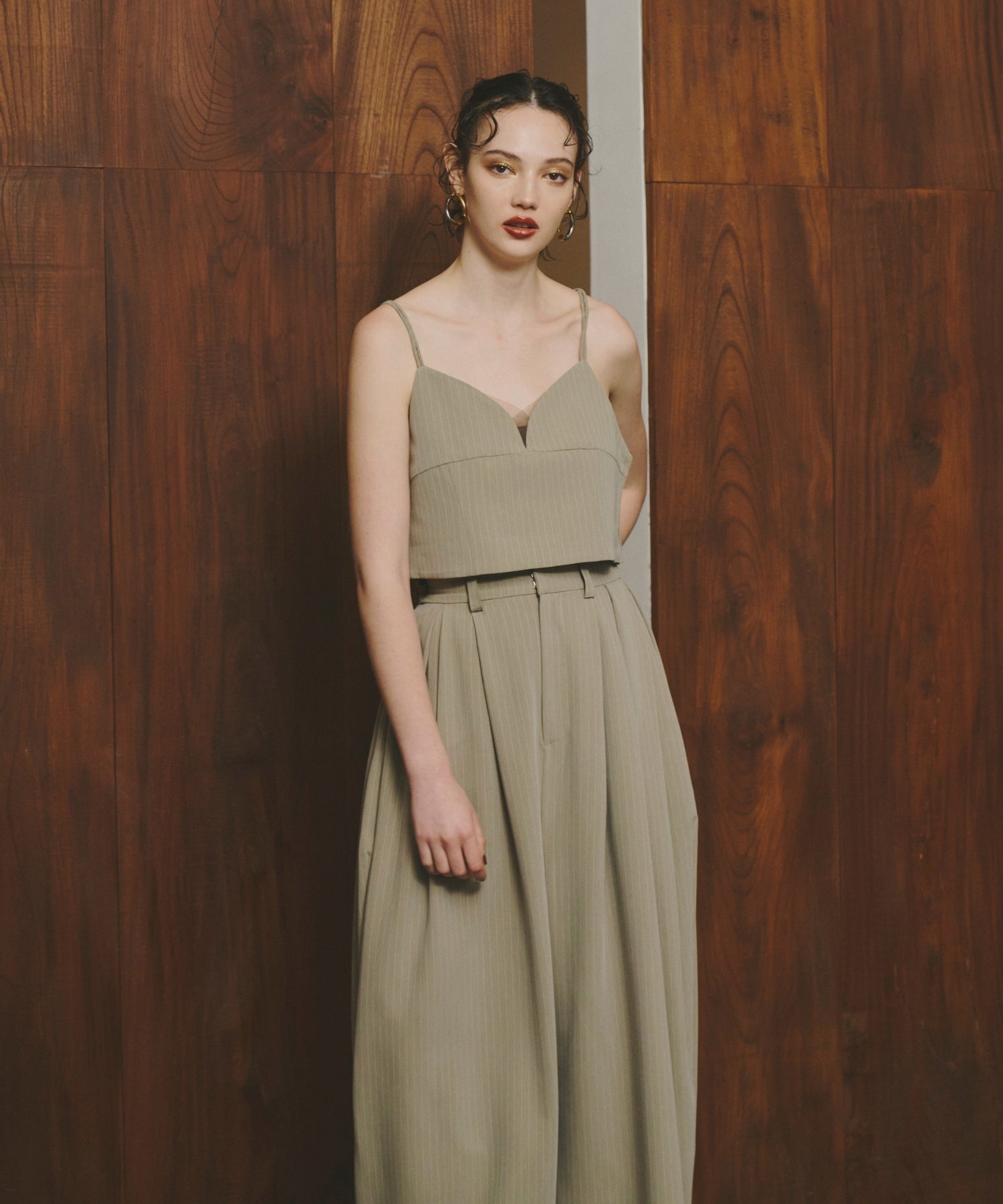 PINSTRIPE BUSTIER WIDE PANTS DRESS