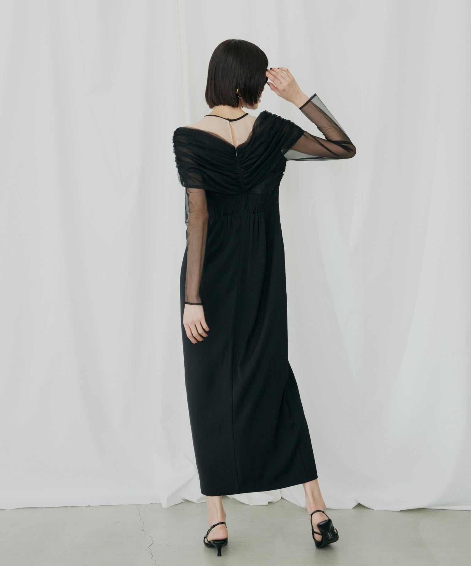 SHEER GATHERED COLUMN DRESS