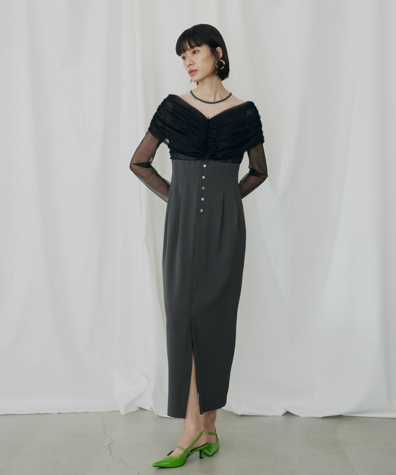 SHEER GATHERED COLUMN DRESS