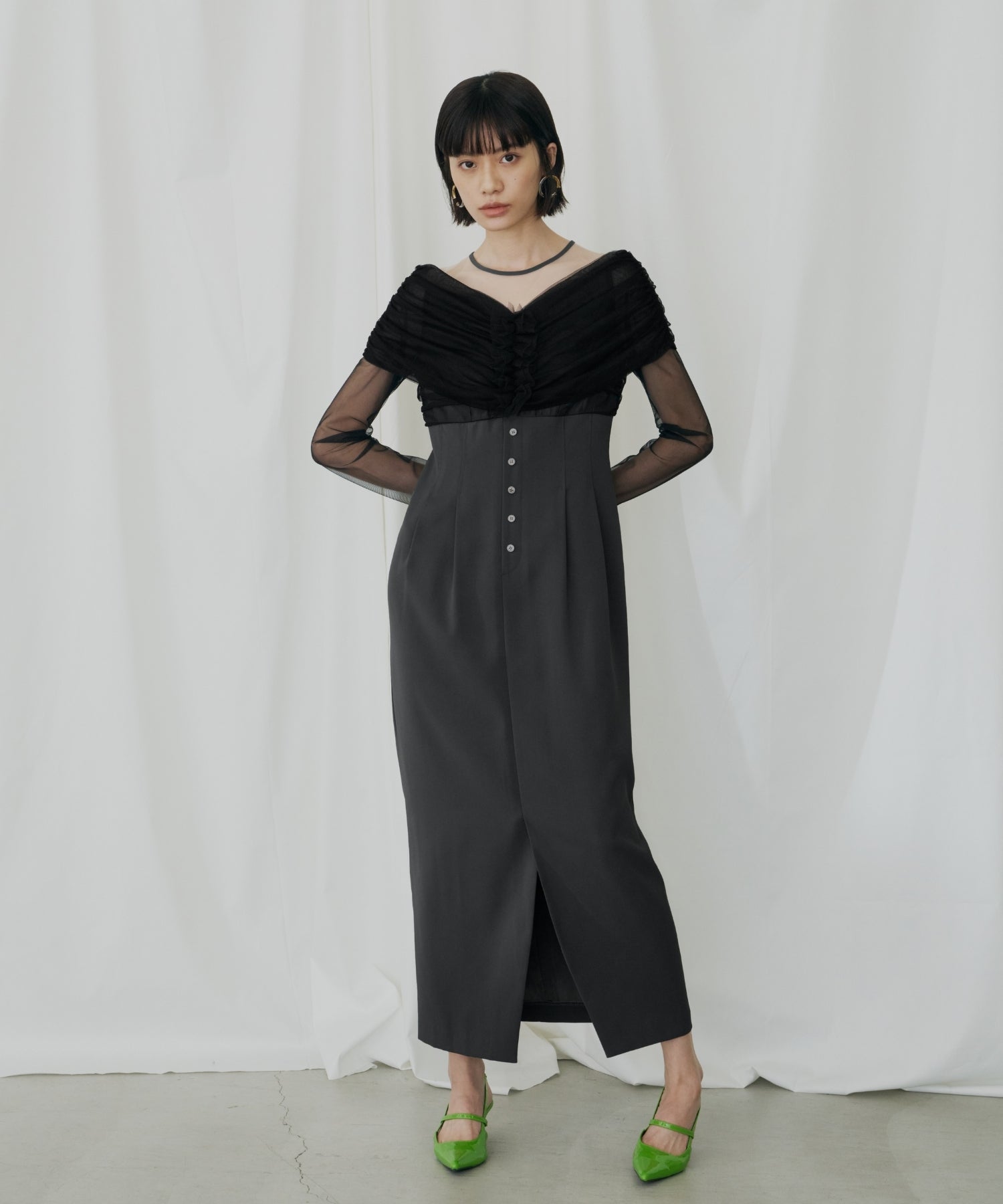 SHEER GATHERED COLUMN DRESS