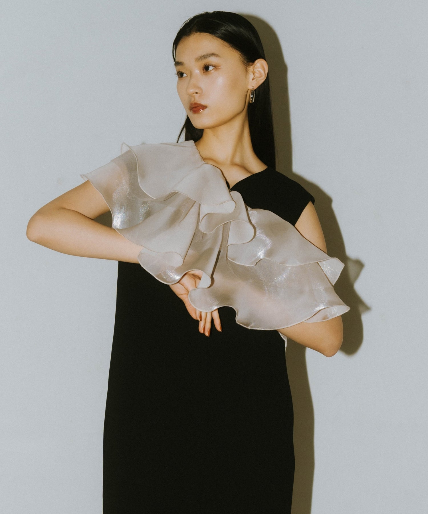 GLOSSY MULTI RUFFLE DRESS