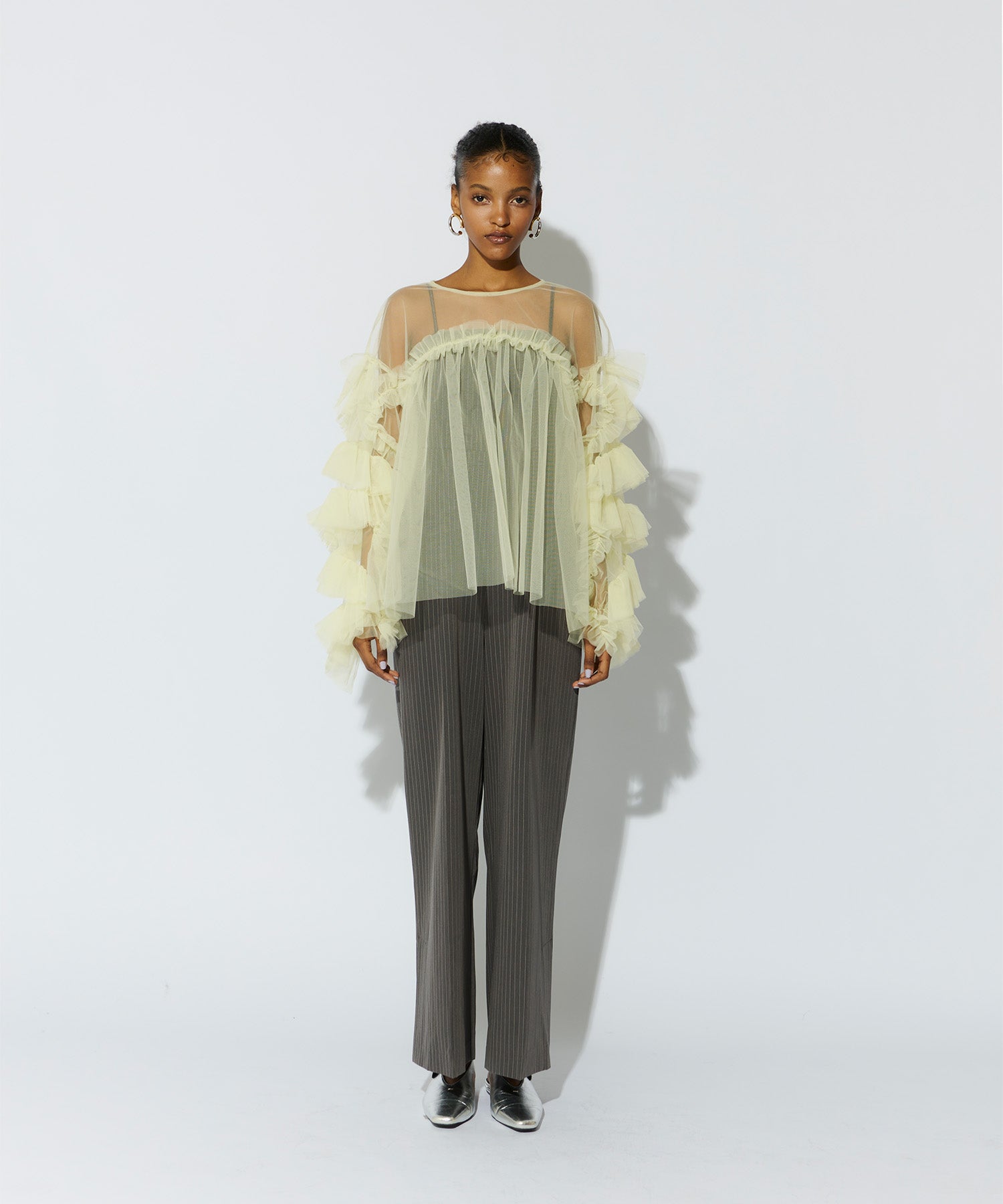 【新品タグ付き】ANDRESD デコラティブチュールトップス フリルブラウス緑 DECORATIVE TULLE TOPS