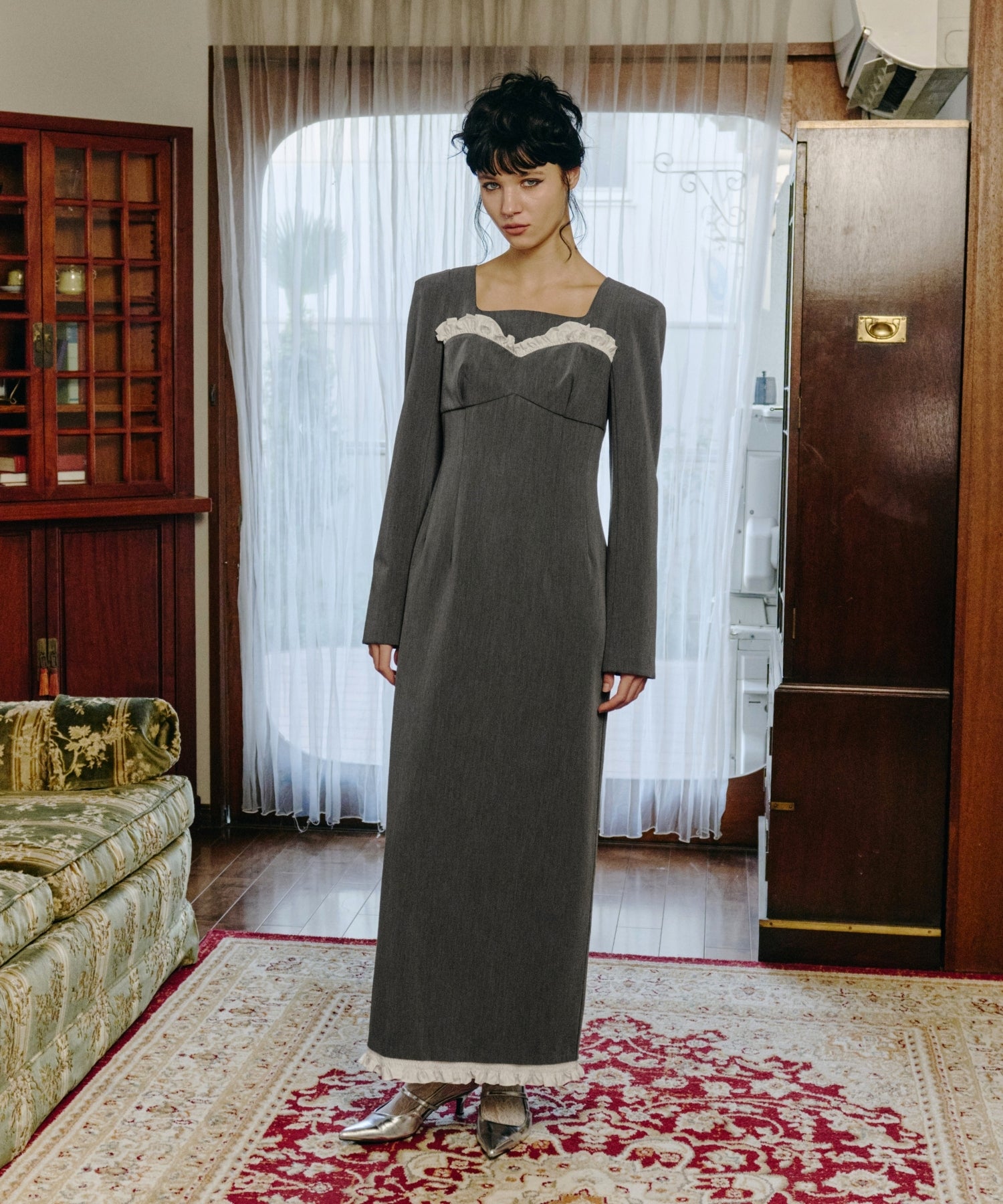 FRILLS TRIM LONG DRESS